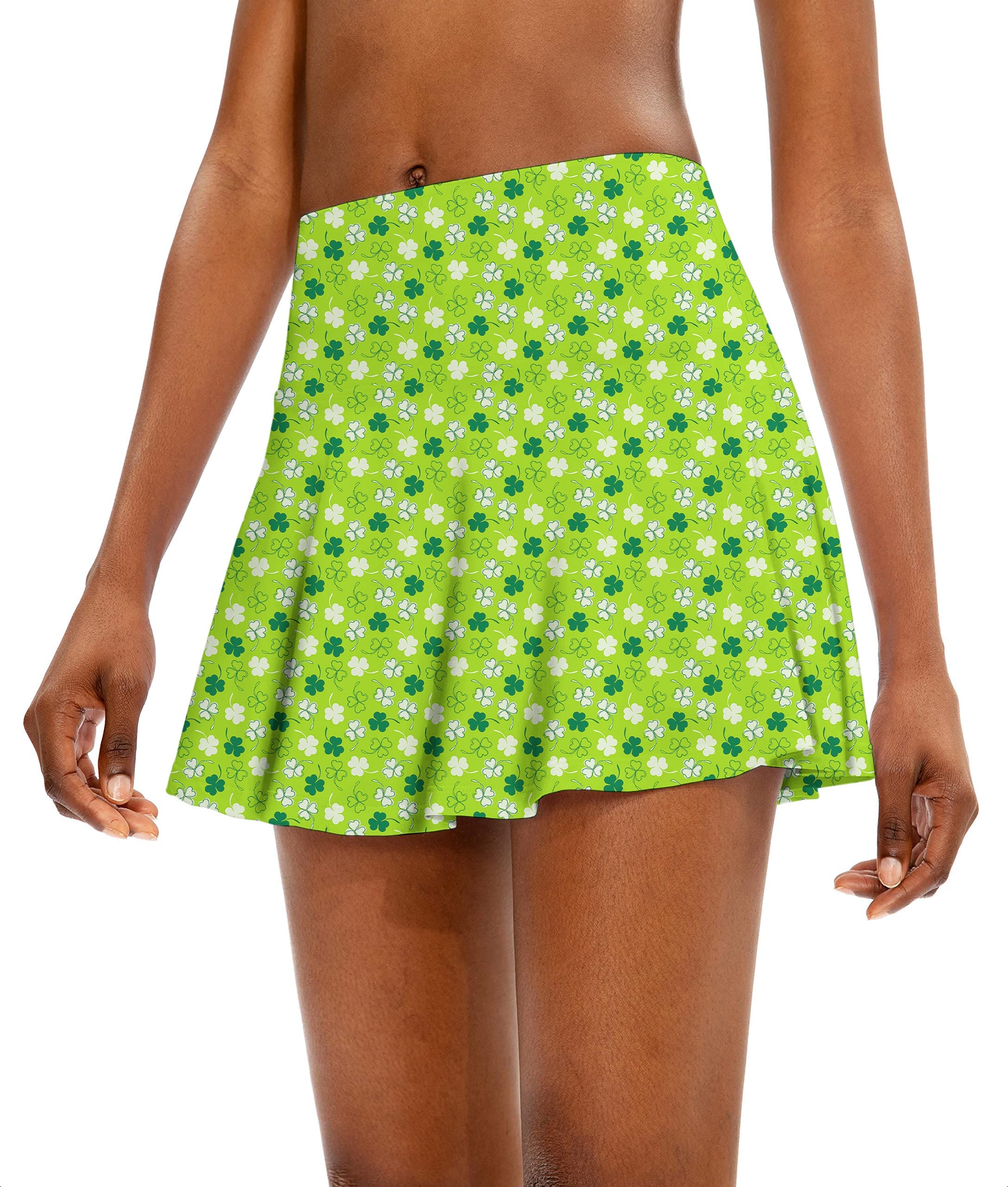 Women's athletic golf skorts flared skirts with green leaf clover pattern for St. Patrick's Day