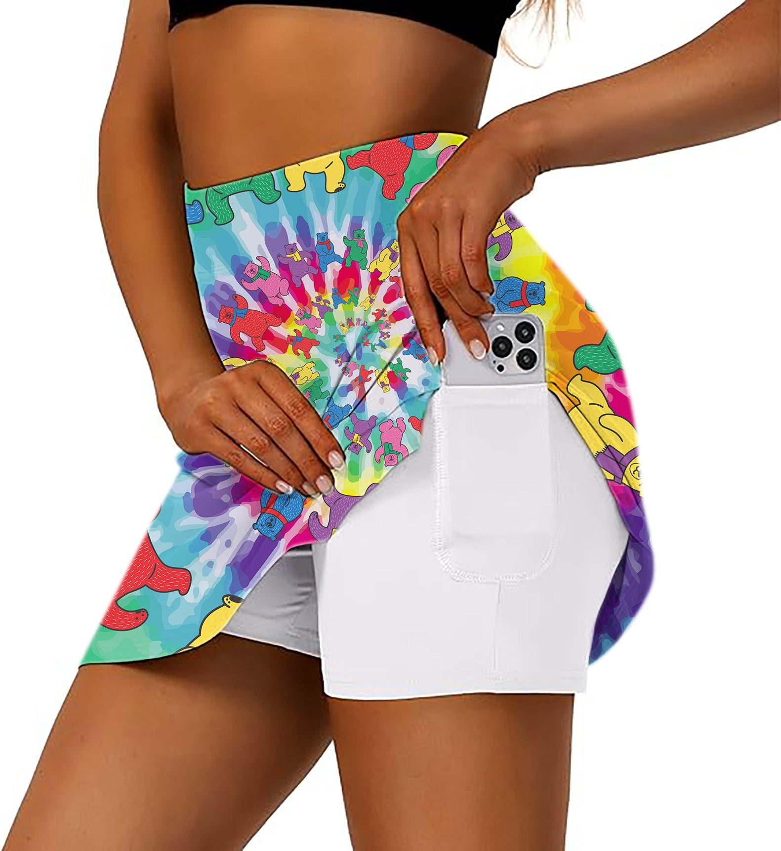 Women's Kaleidoscope Bear golf skirt with inner shorts and side pocket for phone.