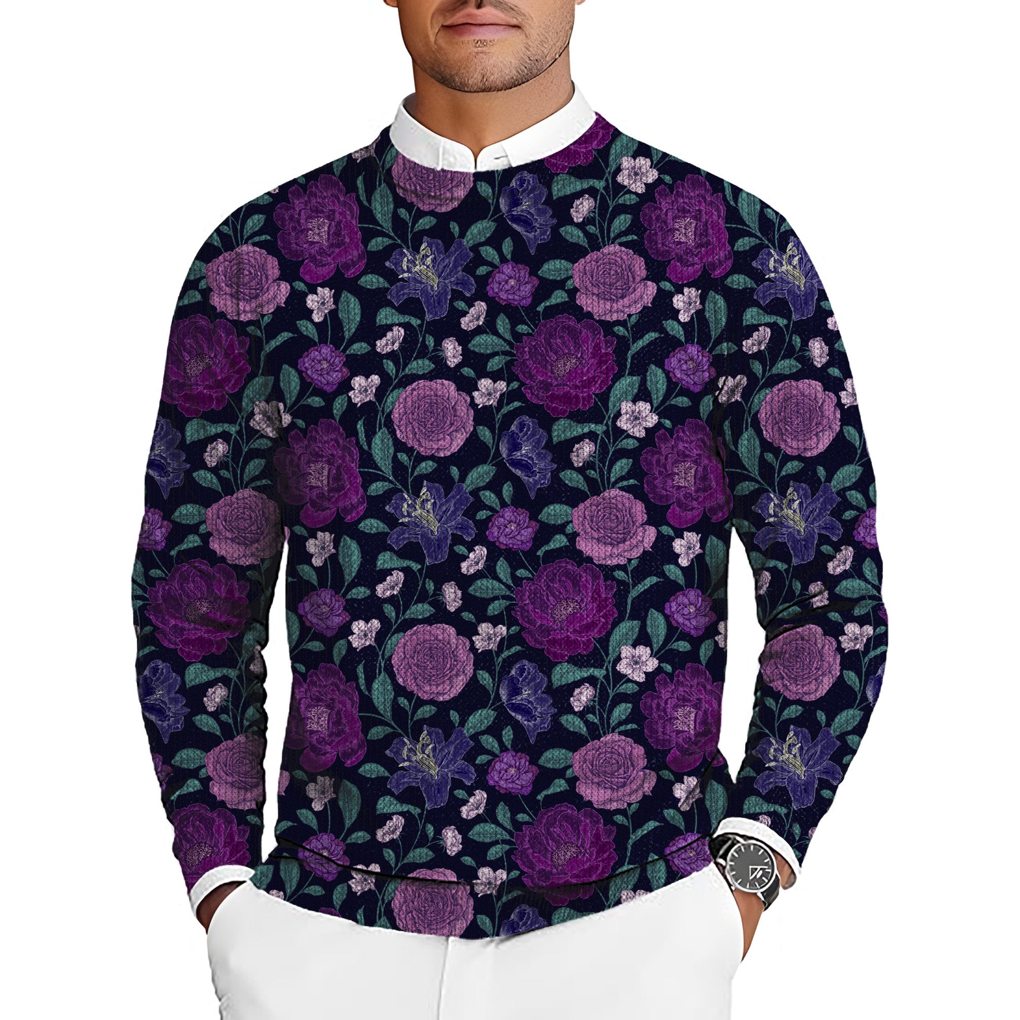 Purple floral men's golf crewneck pullover sweater with vibrant flower pattern