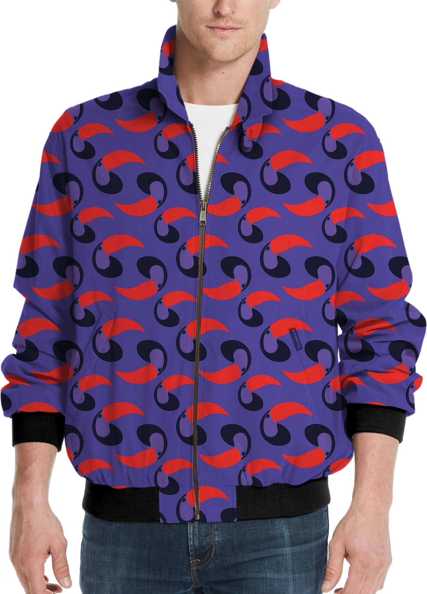 Men's golf windbreaker jacket with purple toucan pattern, customizable team logo and name