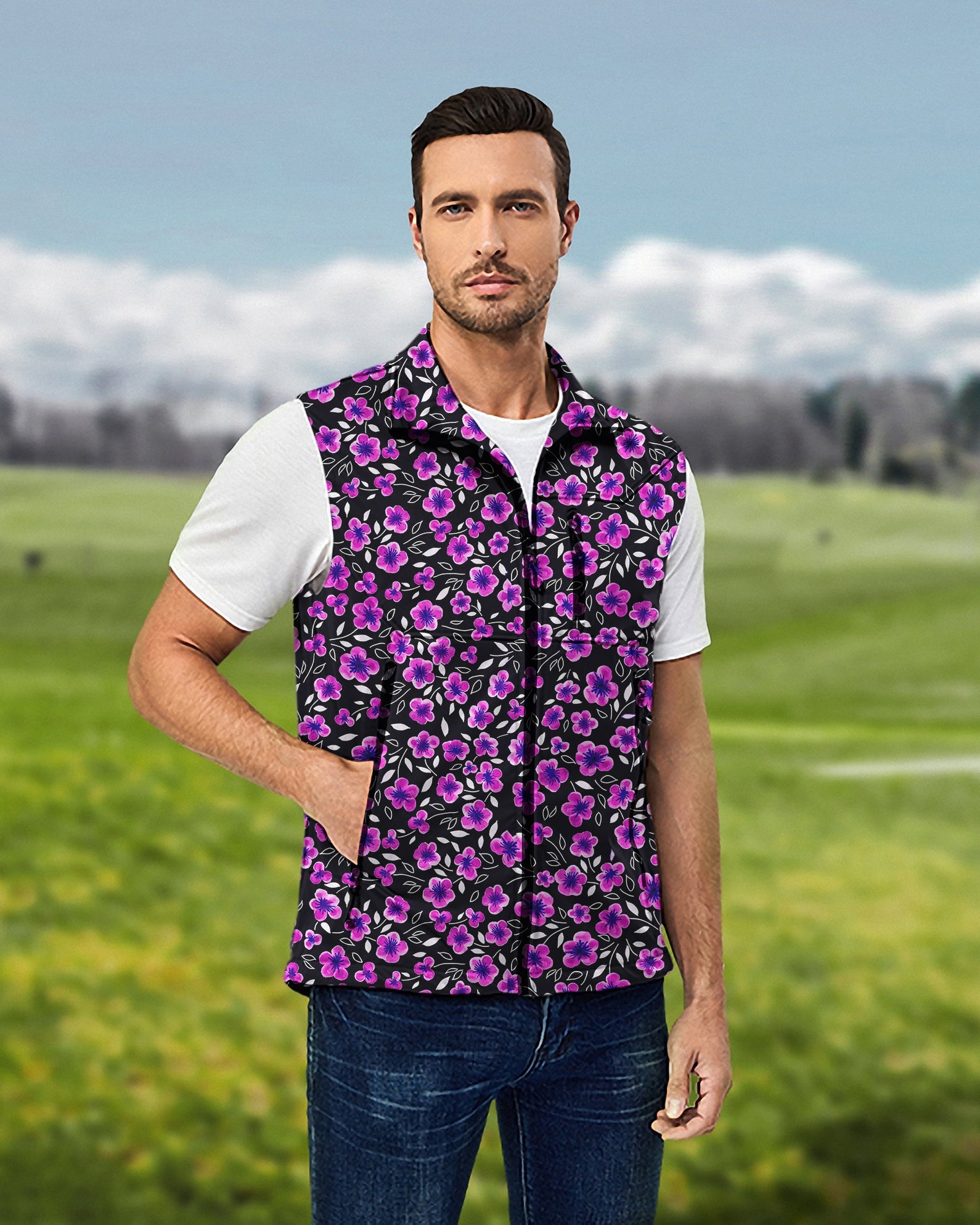 Men's Floral Out lightweight softshell vest with purple floral pattern, sleeveless, windproof and waterproof golf jacket