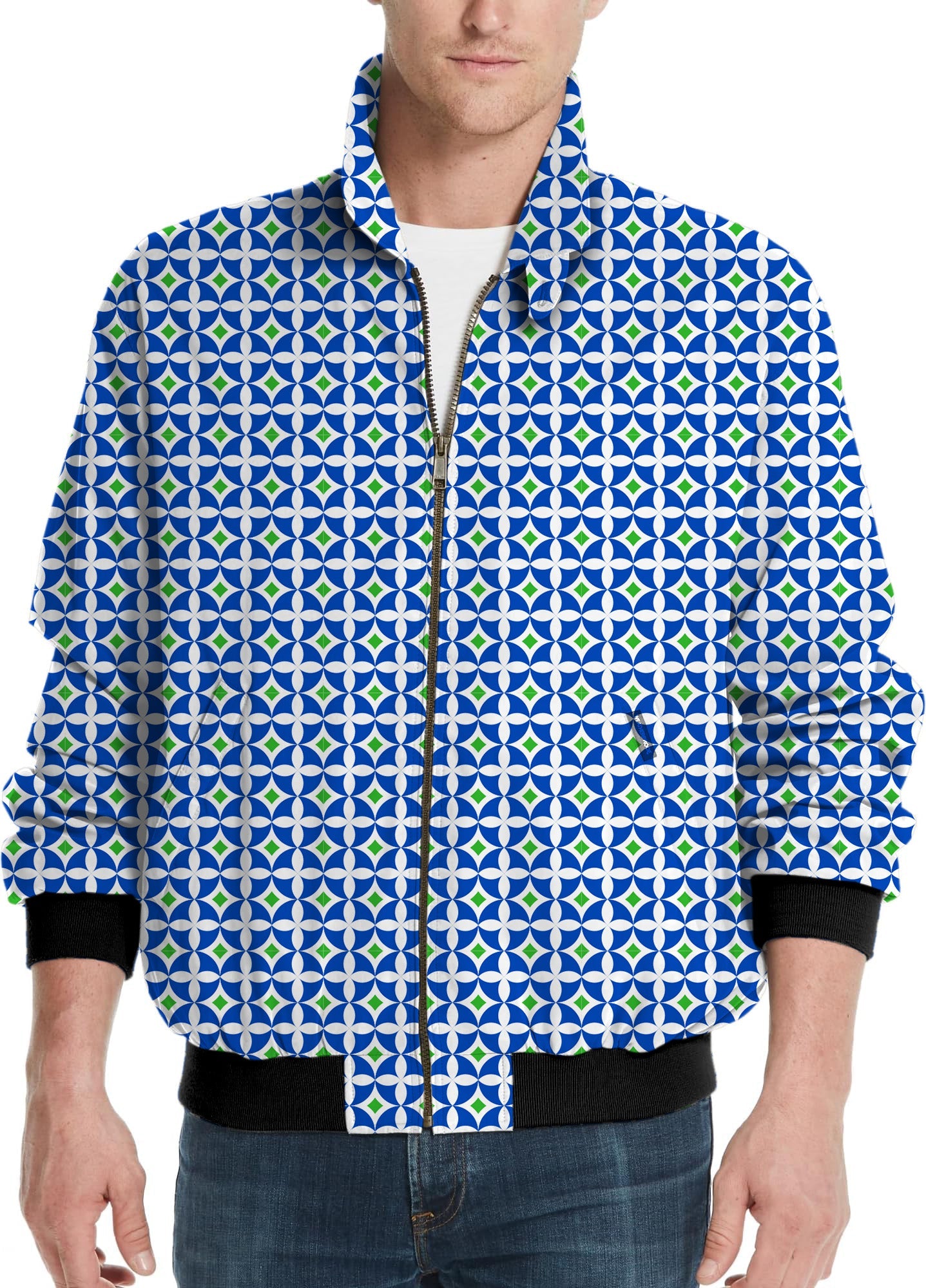 Blue-Green Diamond Men's golf windbreaker light jacket with geometric pattern