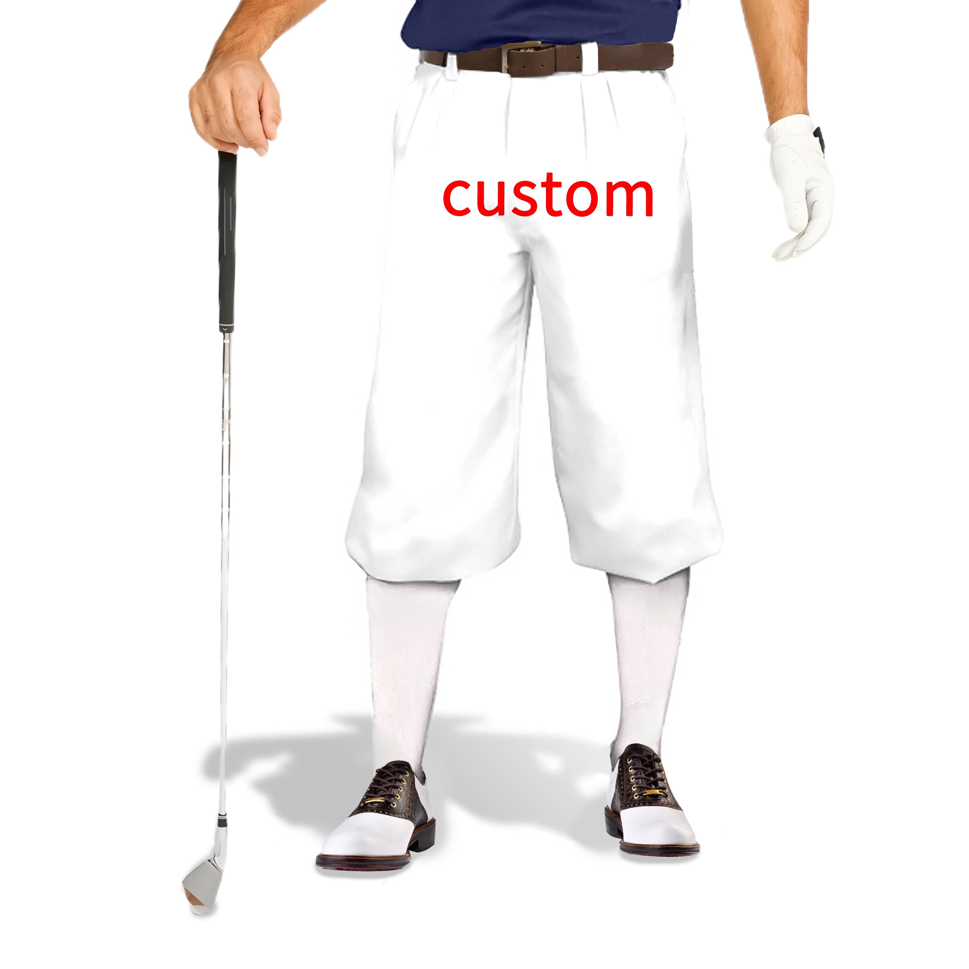 Custom own logo men's white golf knickers pants with belt and golf glove