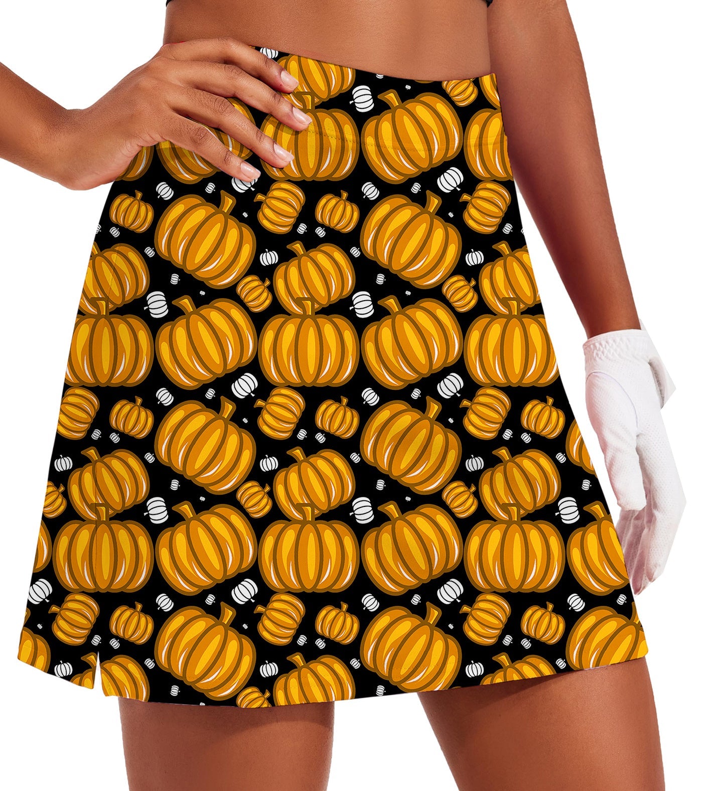 Women's Halloween pumpkin family golf skirt with inner shorts and pocket in black and orange design