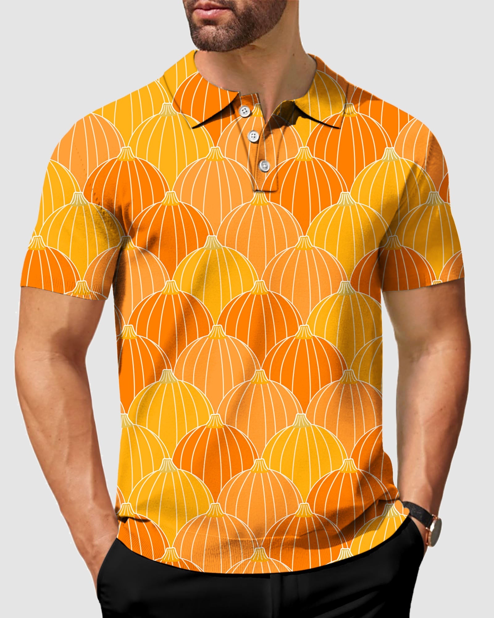 Men's Halloween Thanksgiving pumpkin patterned polo shirt with four-way stretch and moisture-wicking fabric
