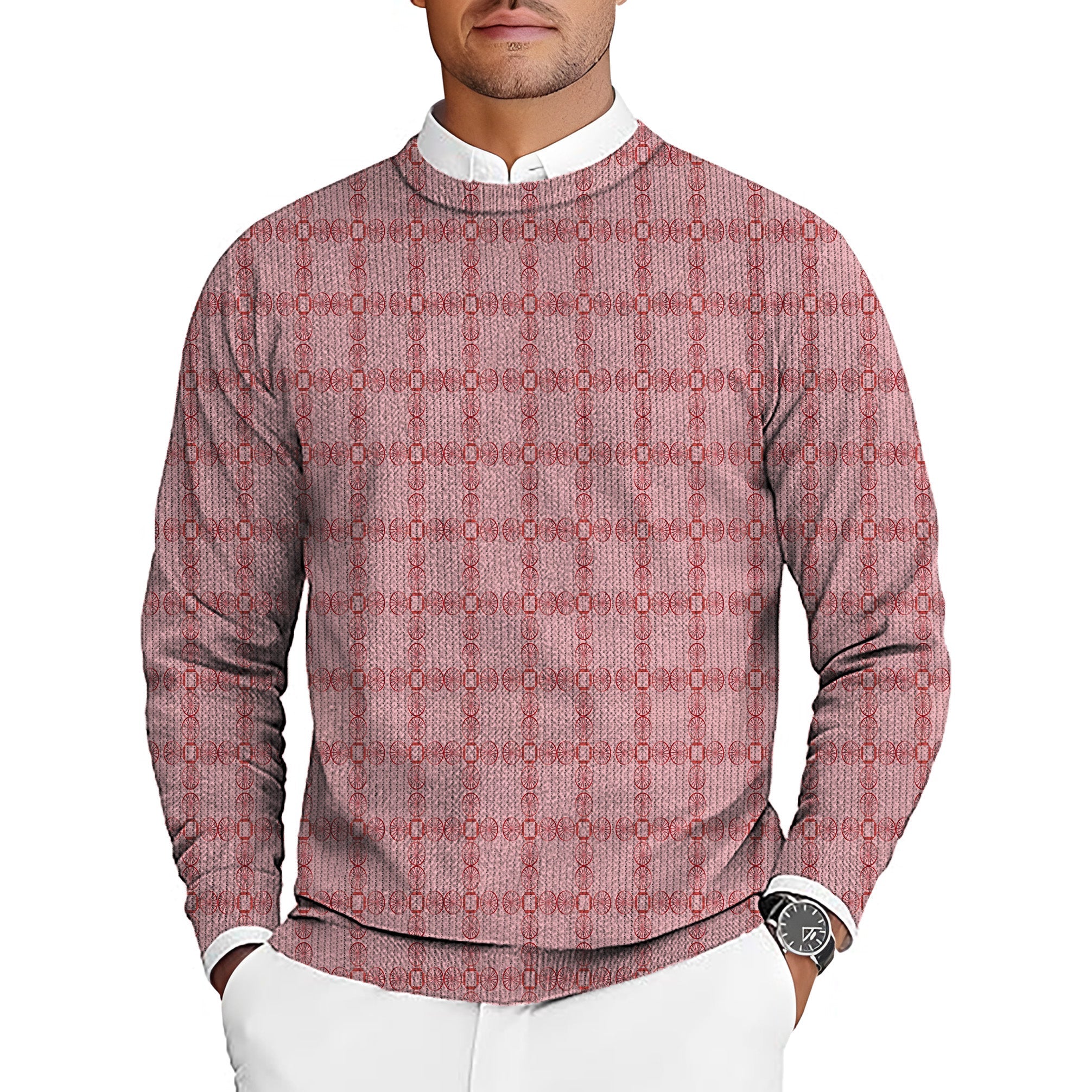 Limited edition pink geometric men's golf crewneck pullover sweater