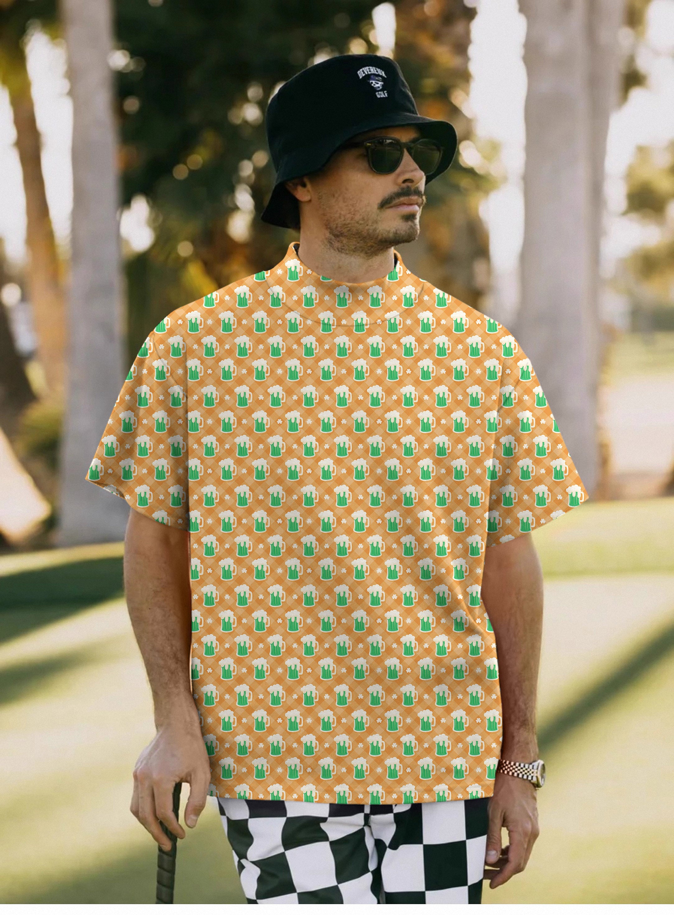 Men'sGreen beer and clover leaf St. Patrick's Day Pullover High neck Long/Short sleeve T-Shirt