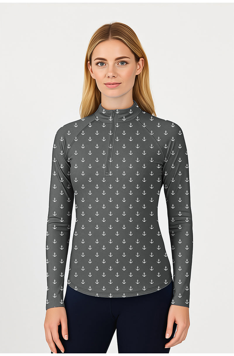 Black Anchor Women's 3/4 zip long sleeve golf top with anchor print, lightweight and sun-safe