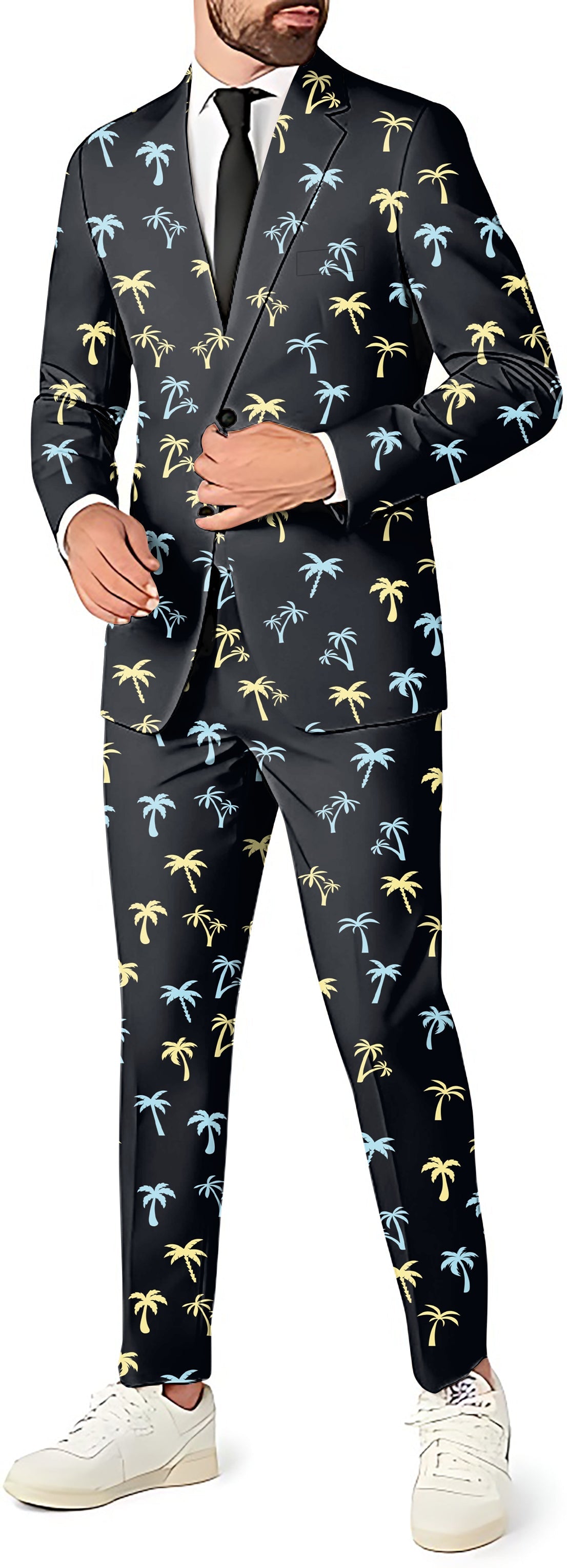 Coconut Palms men's party costume suit set with blazer, pants, and vest featuring palm tree print for theme parties and festive events