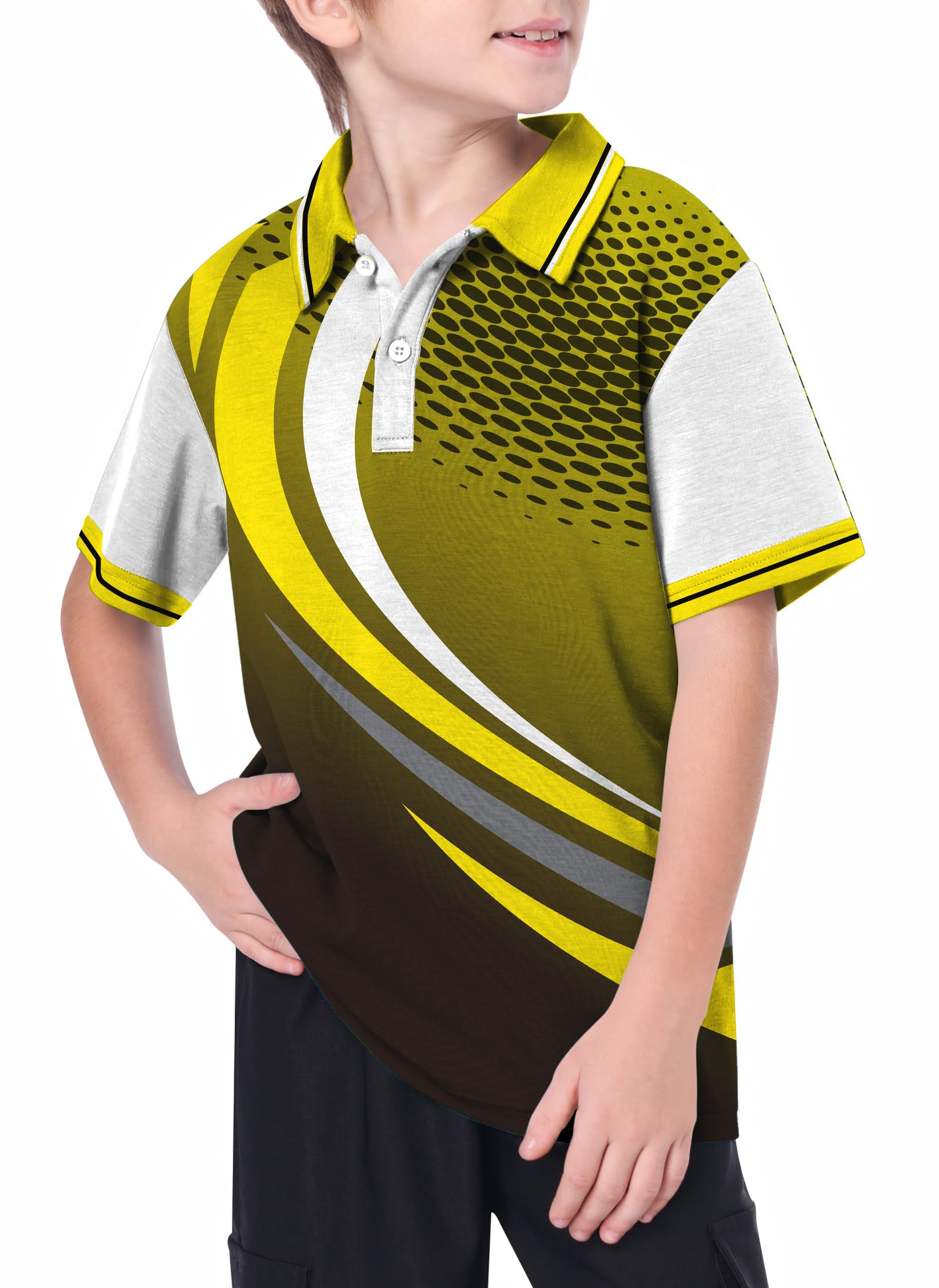 Youth golf polo with yellow and black custom sport team design and performance features
