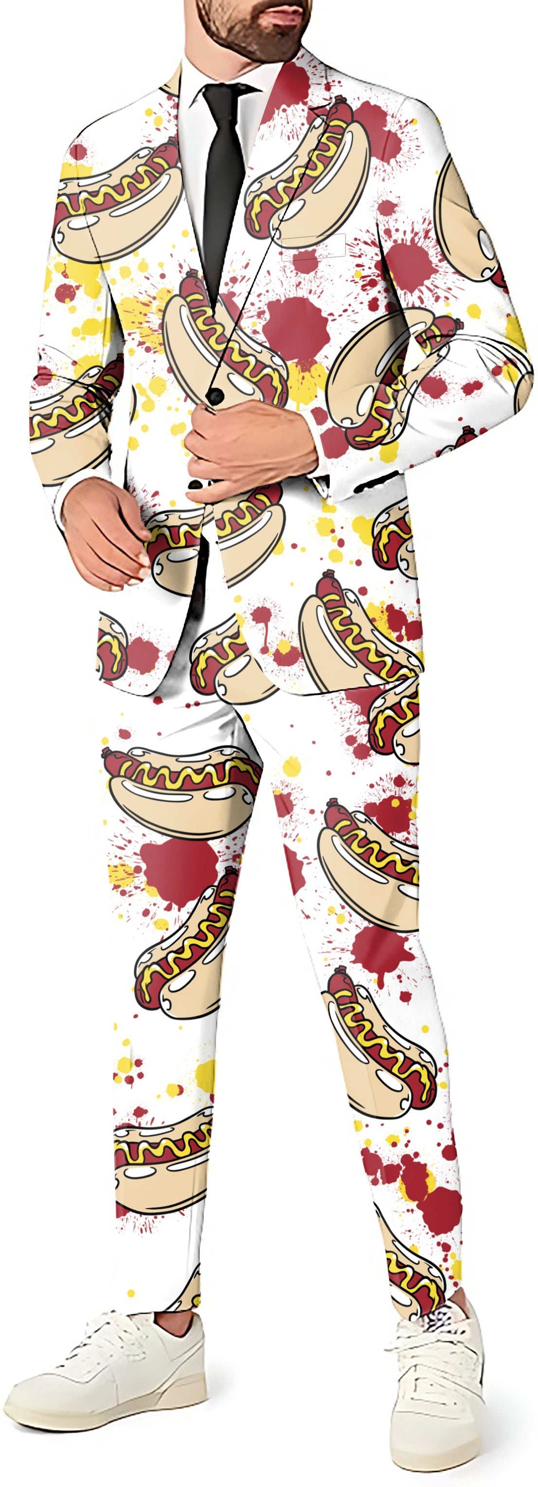 Men's hot dog themed party costume suit set with blazer, pants, and vest, slim fit, stylish and humorous design