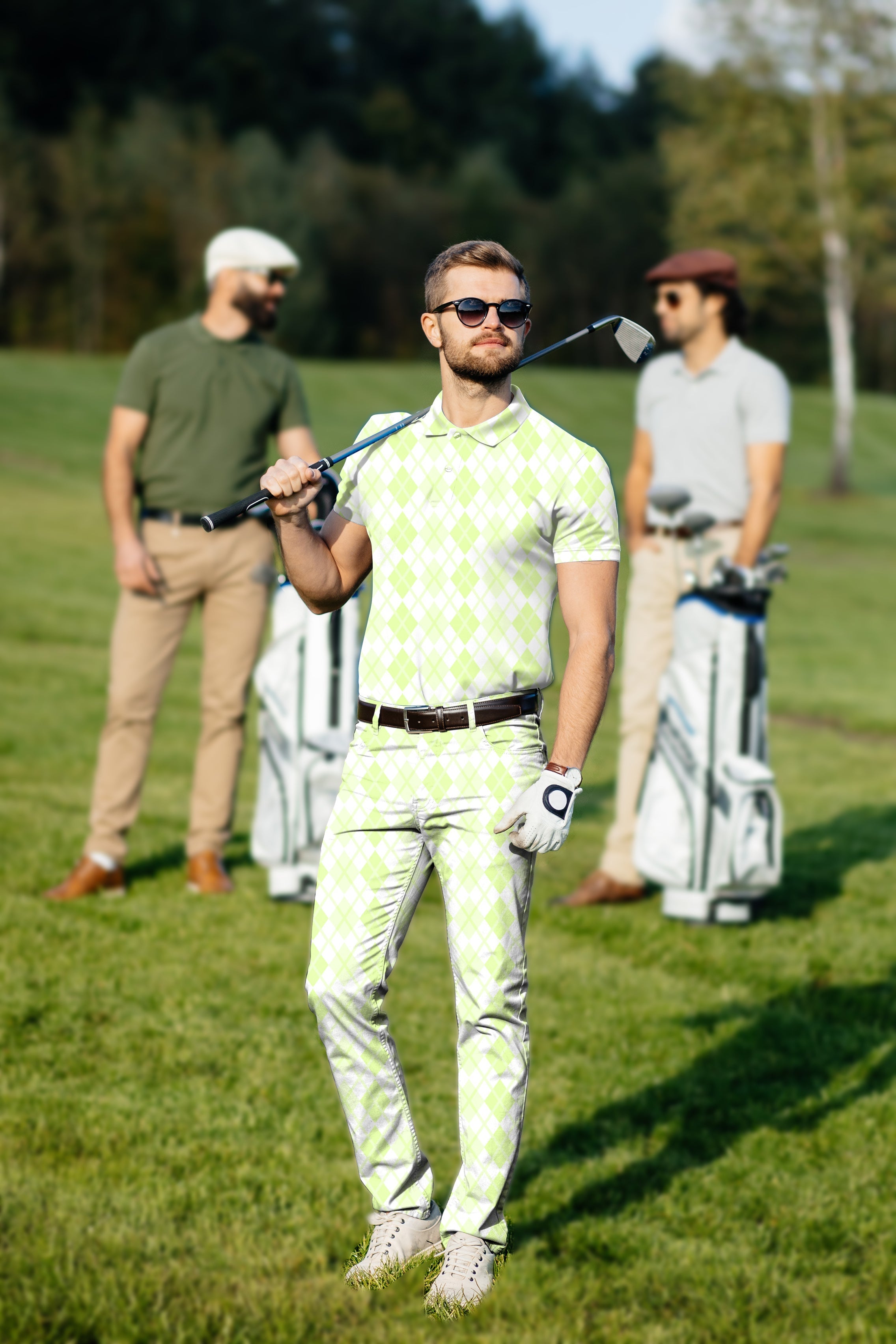 Men's golf set with green grid polo and pants, breathable and wrinkle-resistant golf outfit