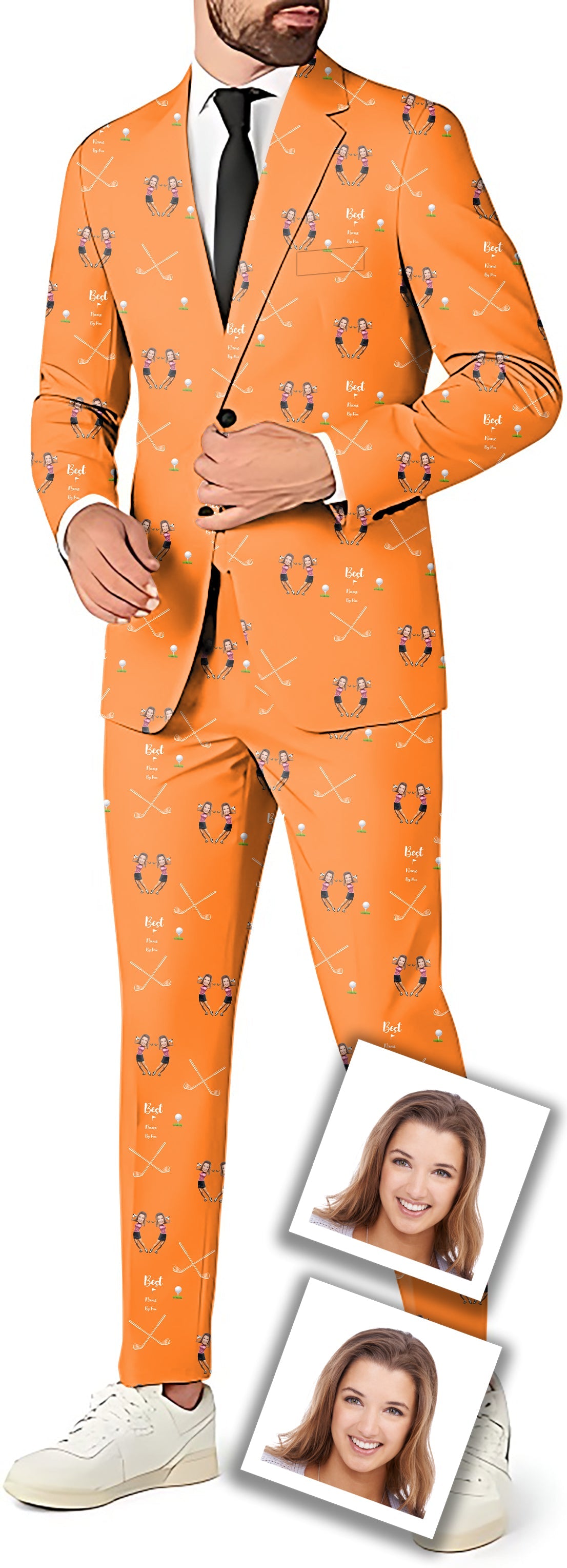 Custom Sister Photo Face men's party costume suit set with blazer and pants in orange with personalized print