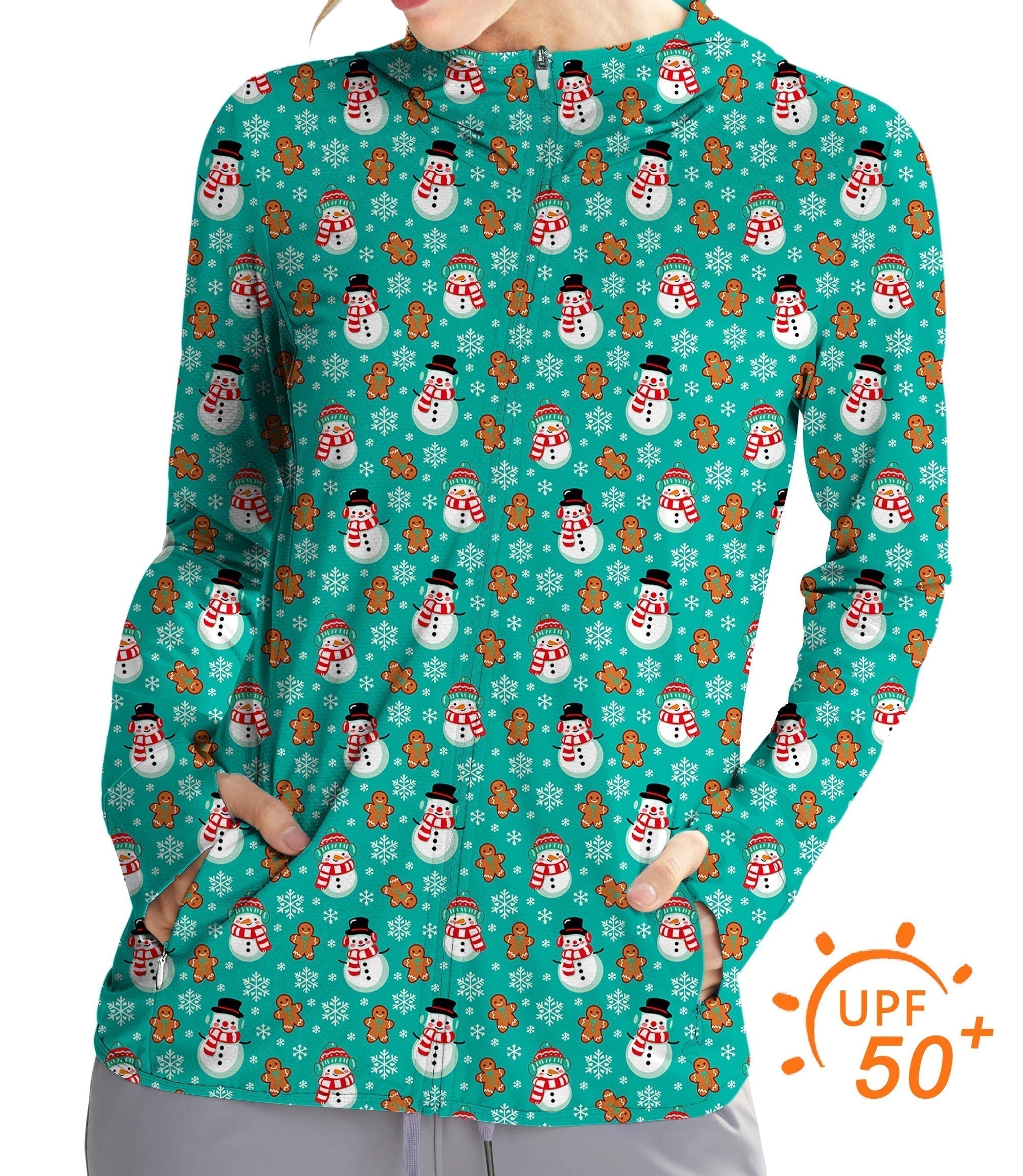 Women's outdoor gingerbread snowman pattern blue slim fit zip hoodie with UPF 50+ sun protection and thumb holes
