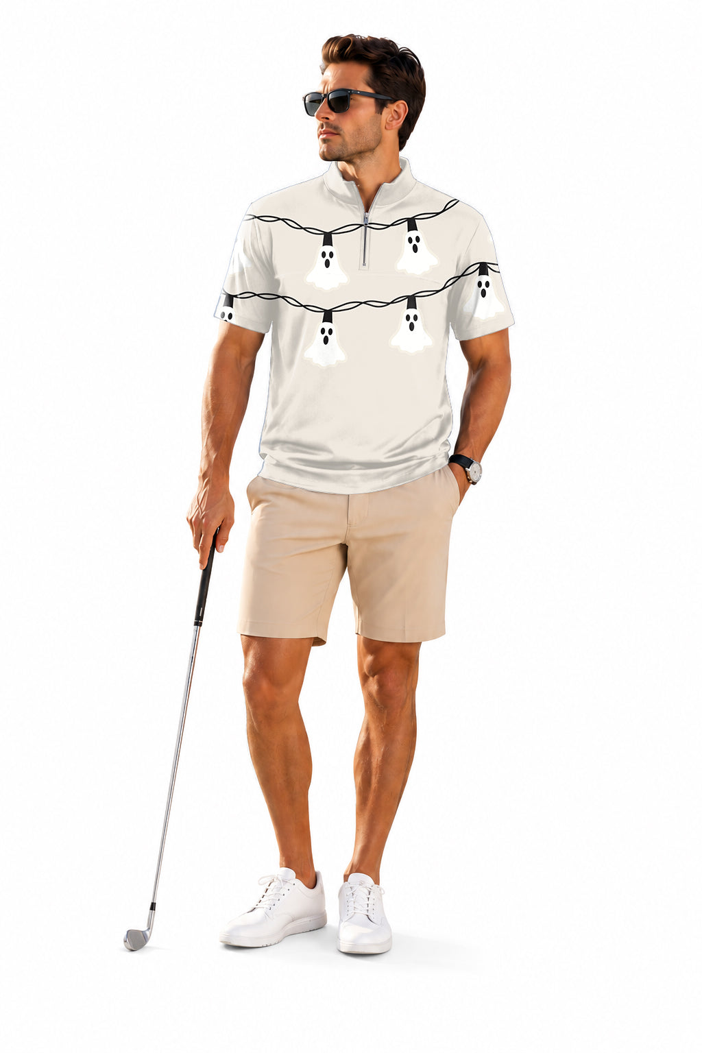 Men's Short Sleeve Quarter Zip Golf Pullover Halloween Ghost Light