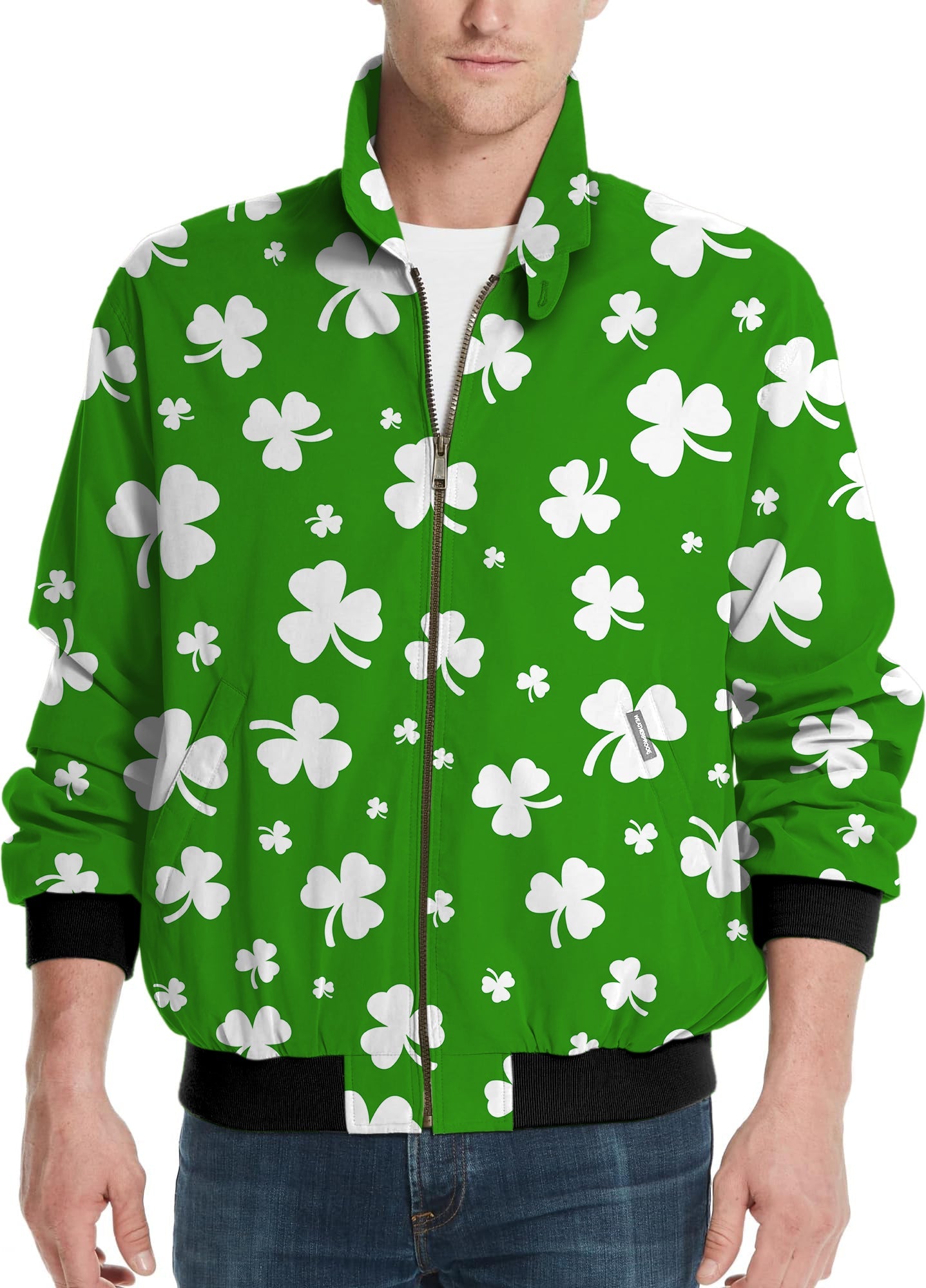 Men's golf windbreaker jacket with green leaf clover St. Patrick's Day design