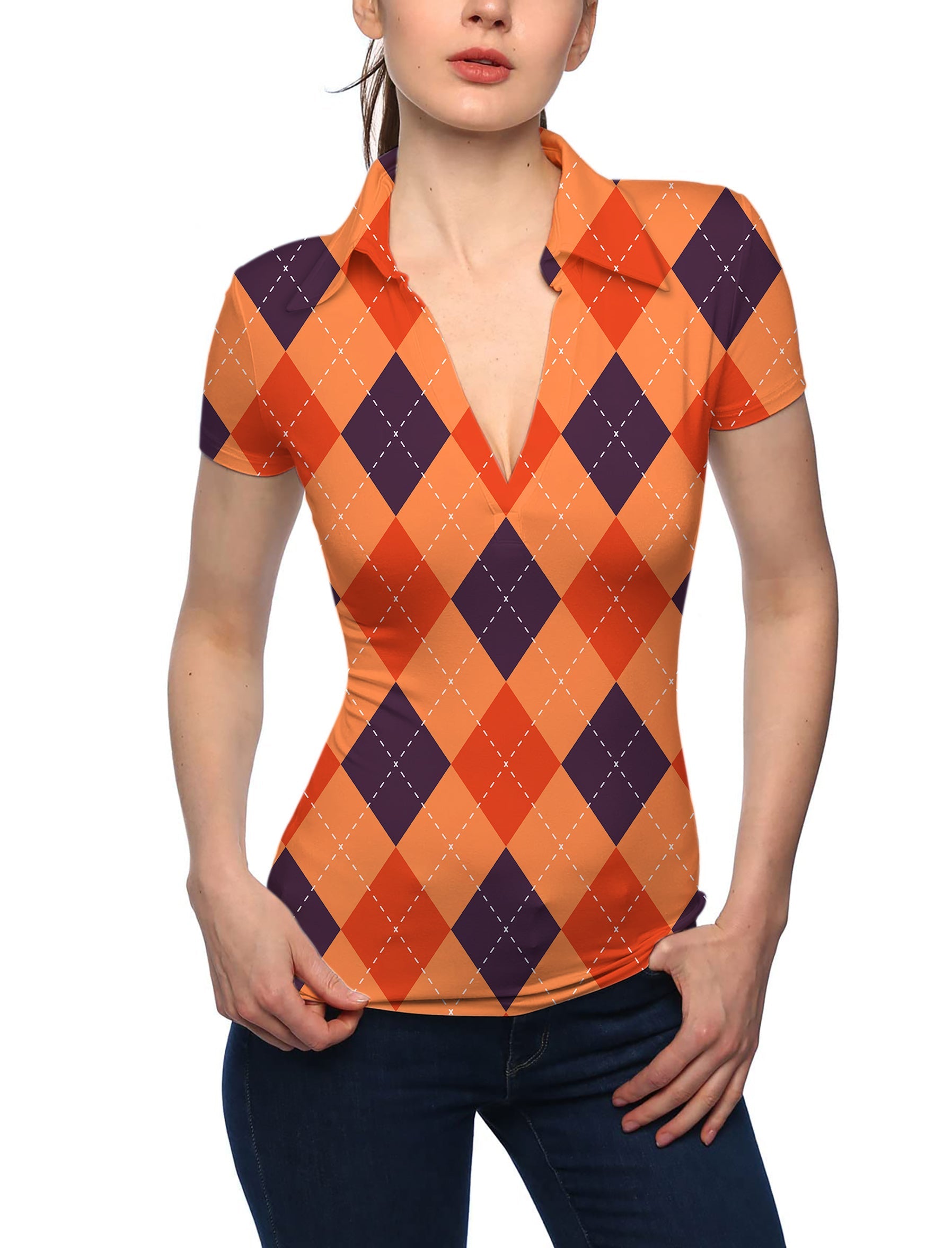 Women's Halloween black red orange argyle V neck golf polo shirt with stand collar and short sleeves