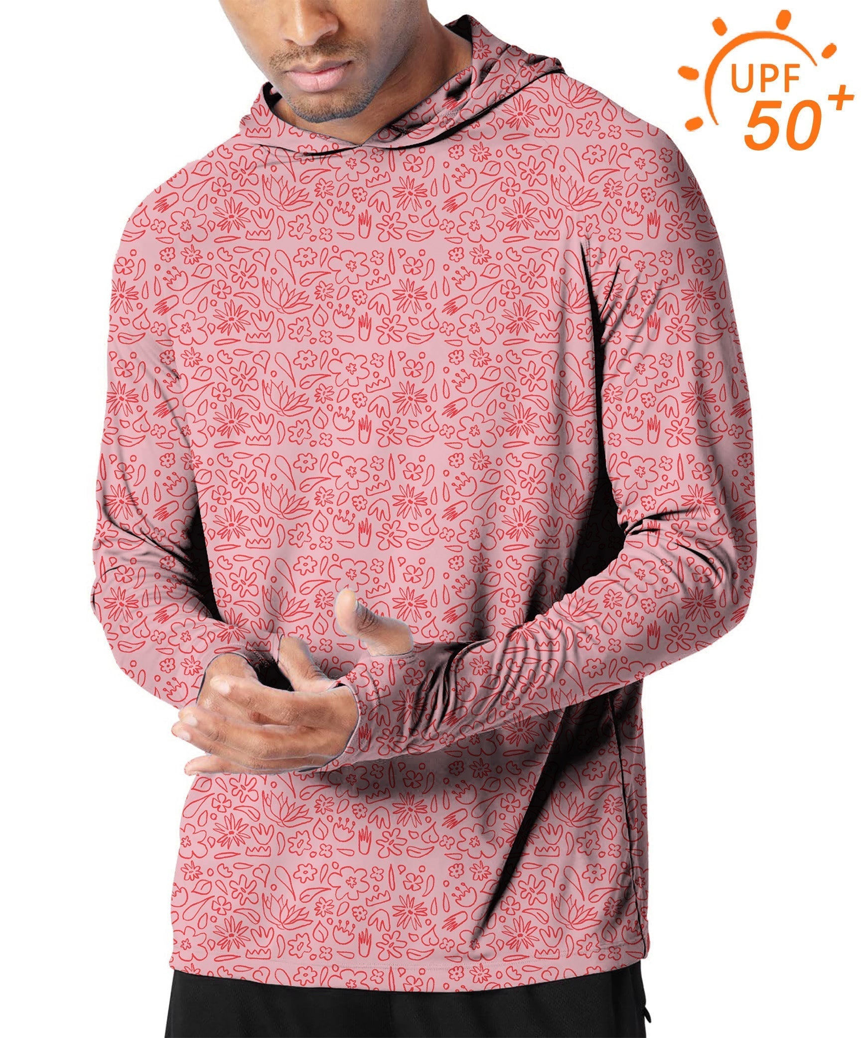 Men's outdoor slim fit pink floral sun protection hoodie with UPF 50+ for golf and outdoor activities