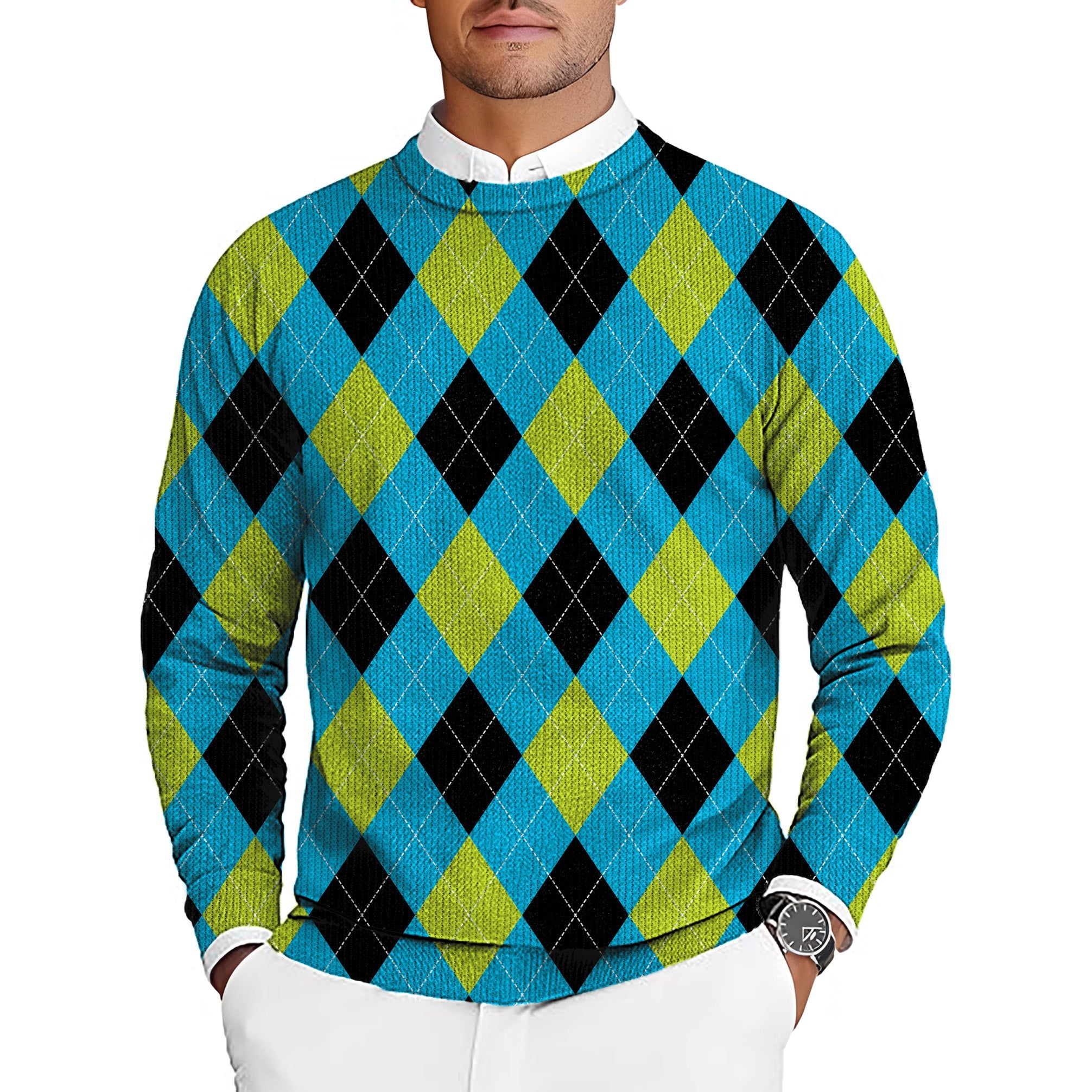 Halloween black green blue white argyle men's golf crewneck pullover sweater