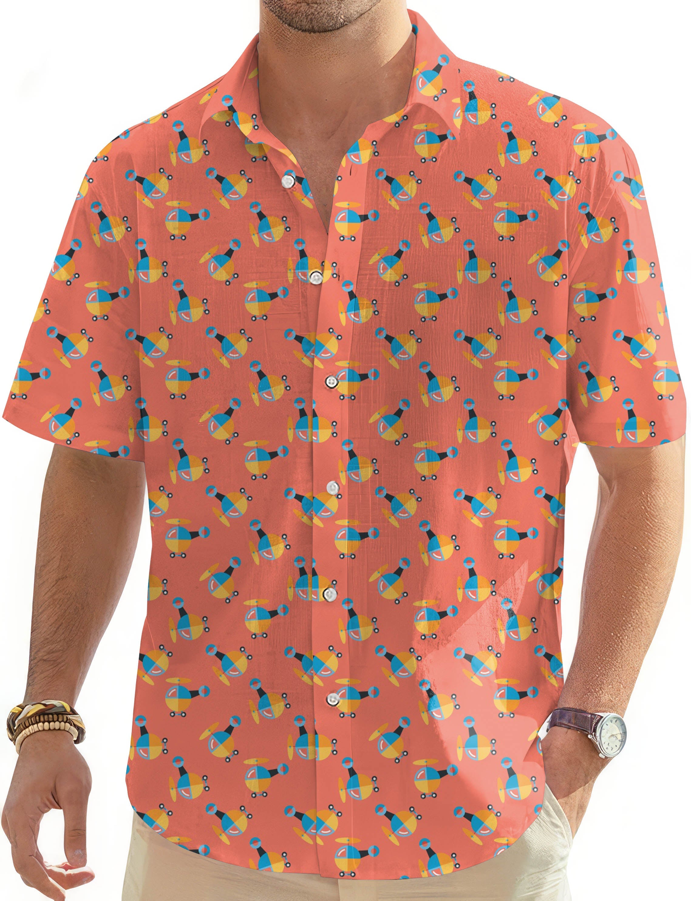 Men's orange short sleeve button-down shirt with colorful helicopter print and classic collar