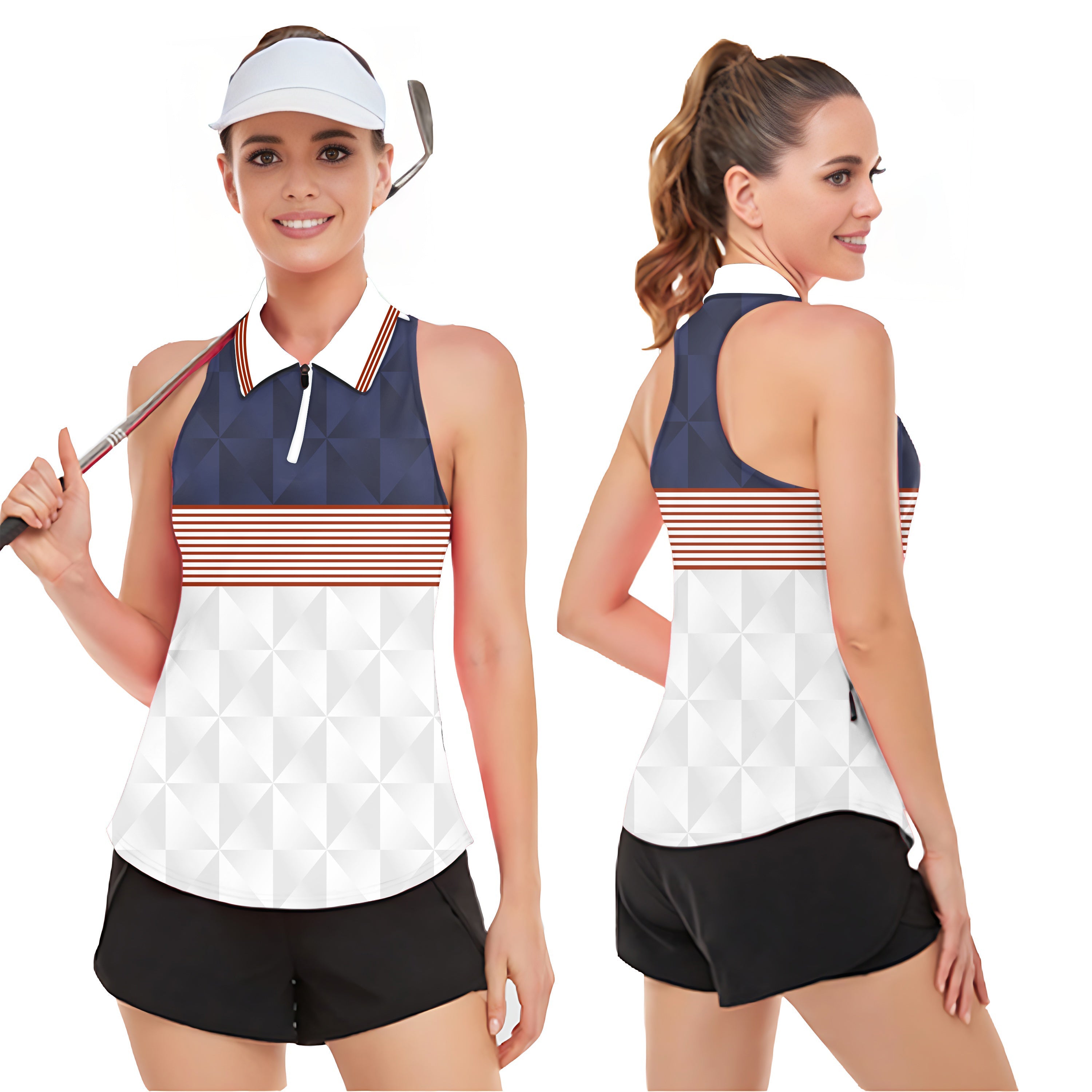 Women's sleeveless stripe splicing custom golf tank top with UPF50+ sun protection.