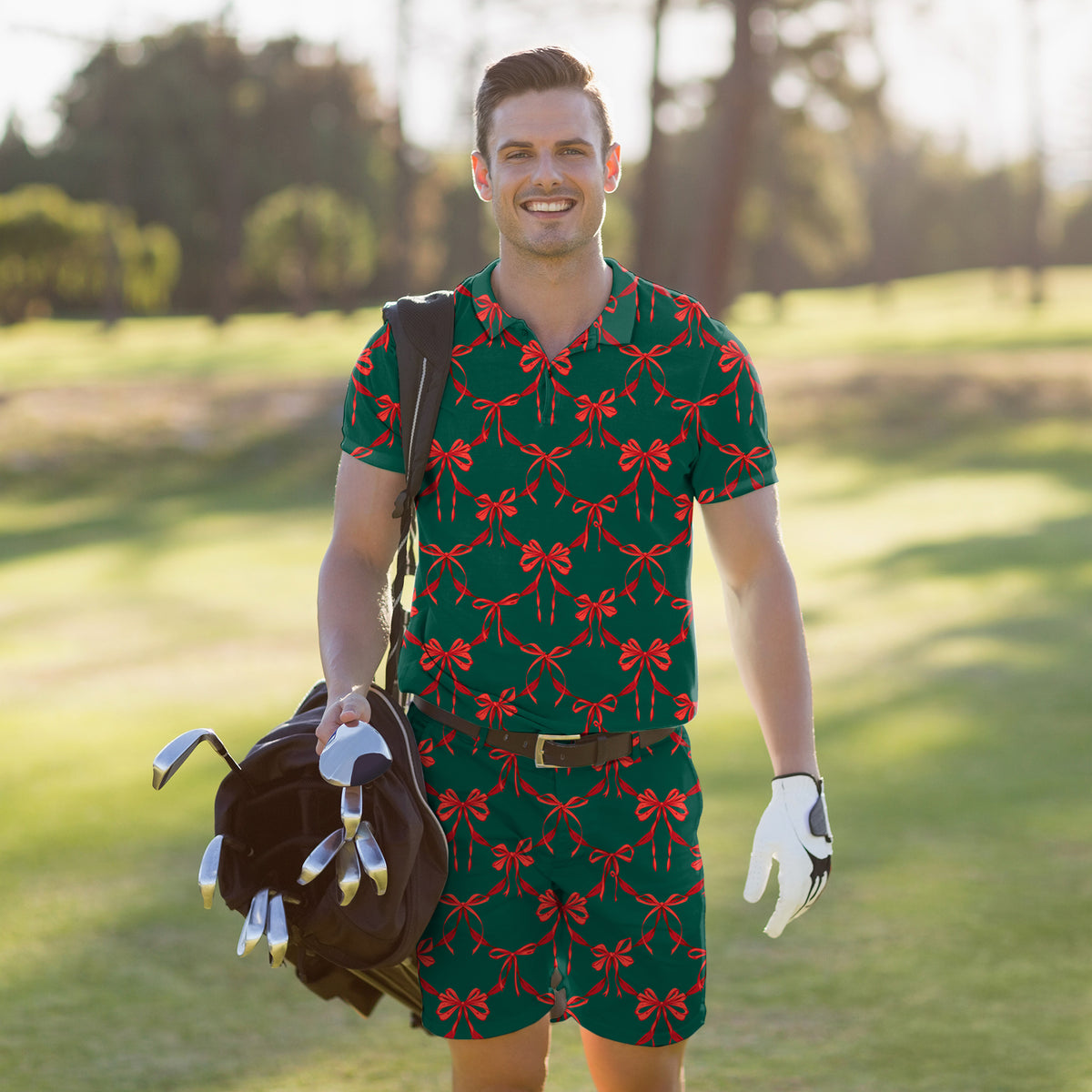 Men's Golf Set Polo+Shorts Christmas red knot detail