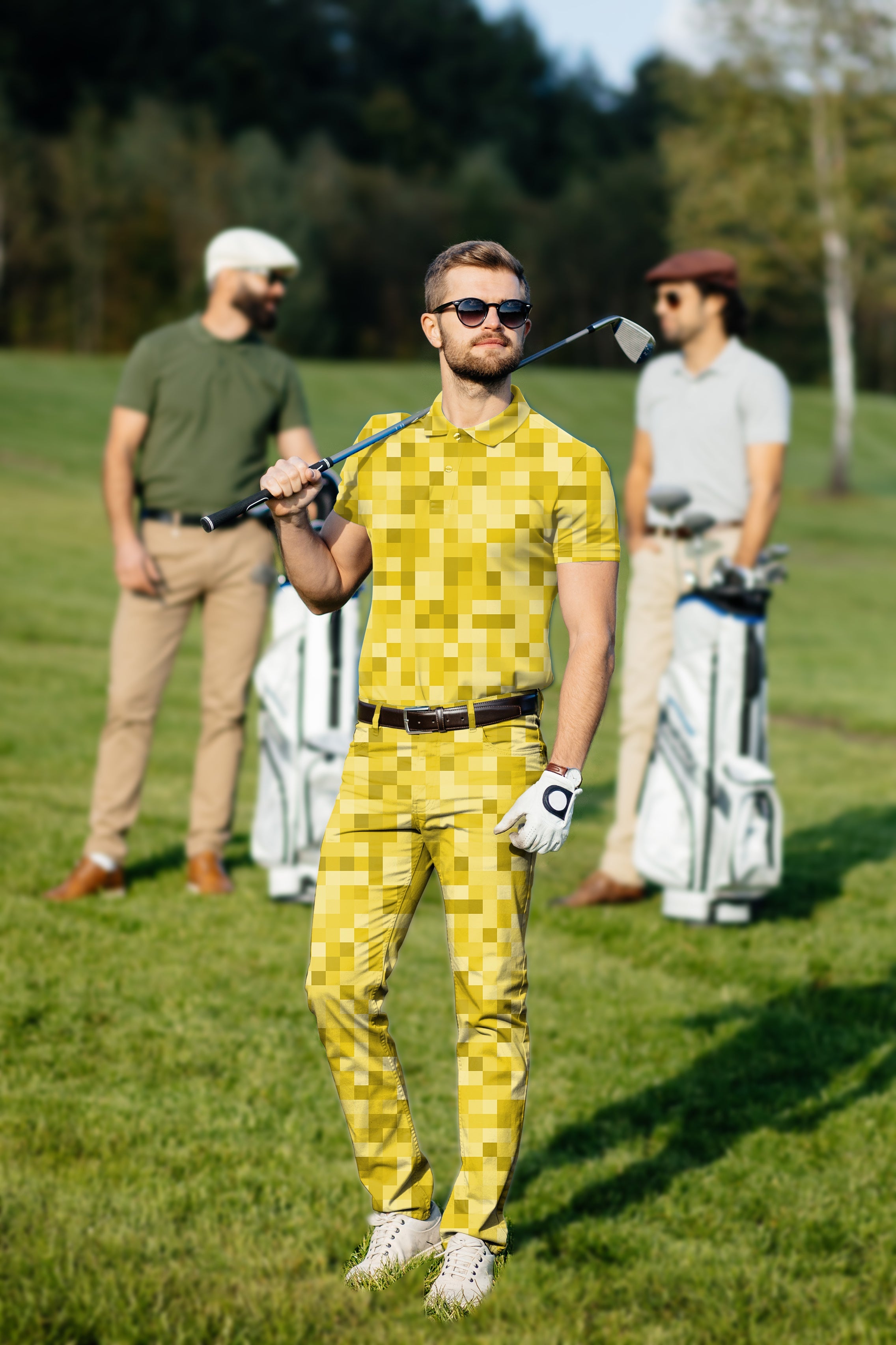 Men's golf set with yellow pixel polo and pants, breathable and wrinkle-resistant fabric, stylish and functional for golf and casual wear