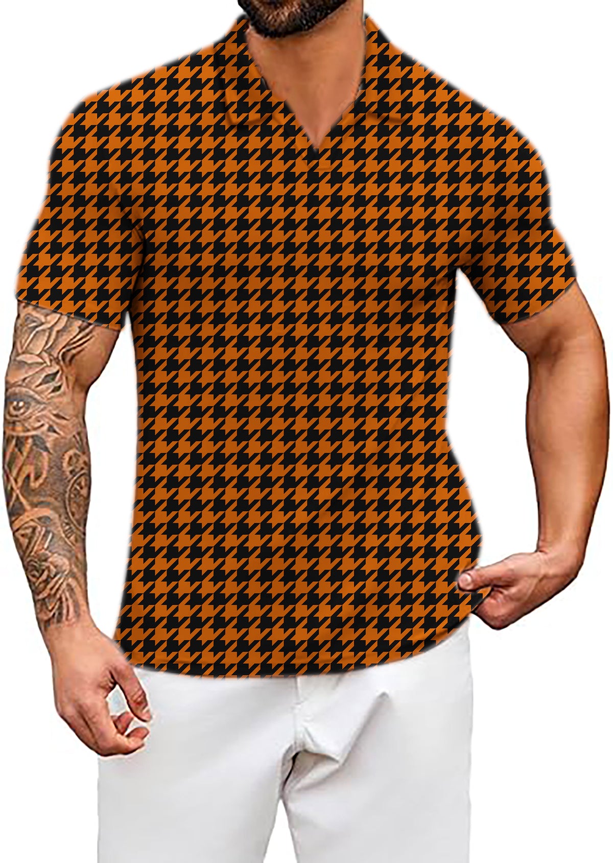Men's Halloween yellow and black houndstooth V Neck Golf Polo Shirts