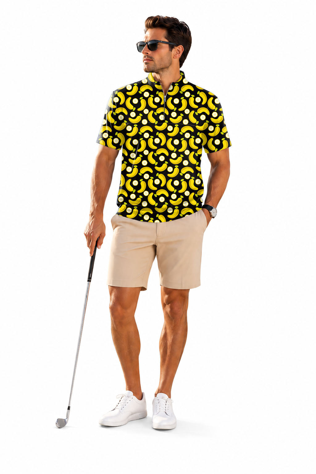 Men's Short Sleeve Quarter Zip Golf Pullover Halloween Bananas And Banana Peels Embroidery