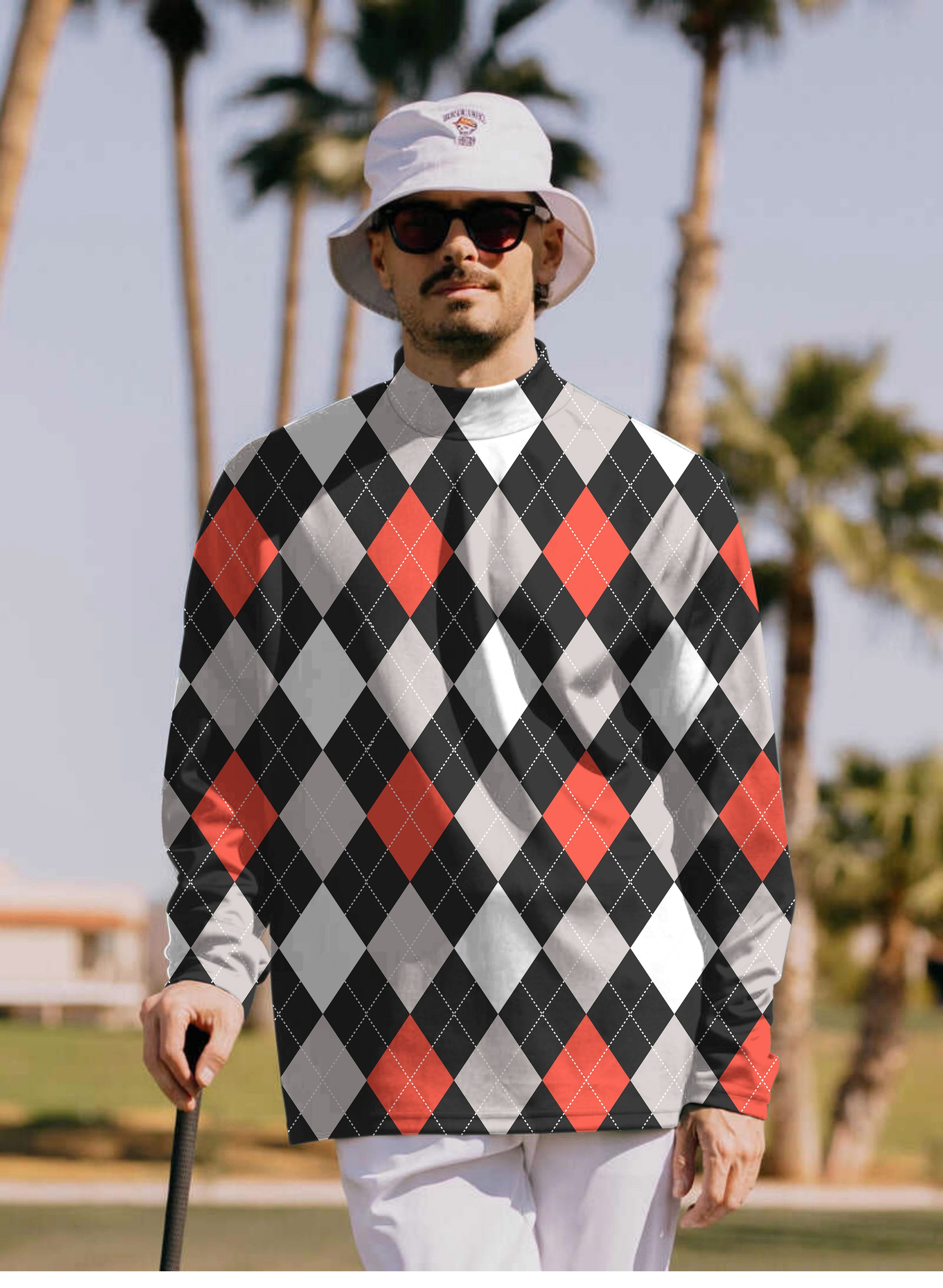 Men's Argyle red black Pullover High neck Long/Short sleeve T-Shirt