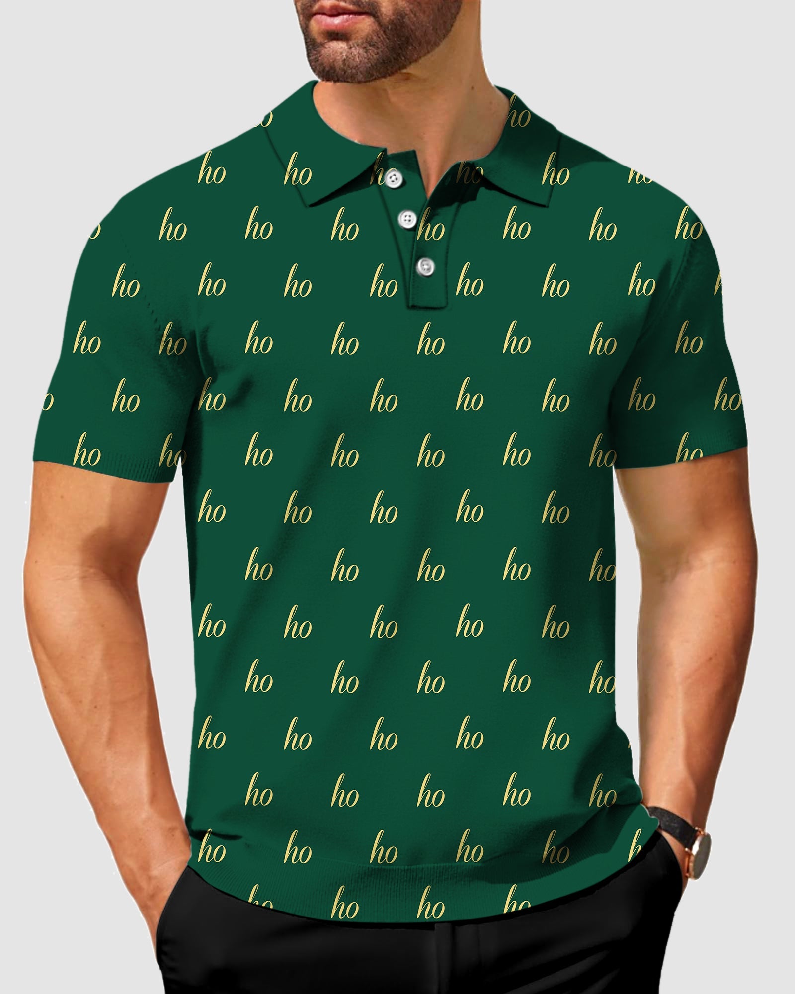 Men's dark green polo shirt with repeating "ho" Christmas pattern, custom name option, short sleeves, and classic fit
