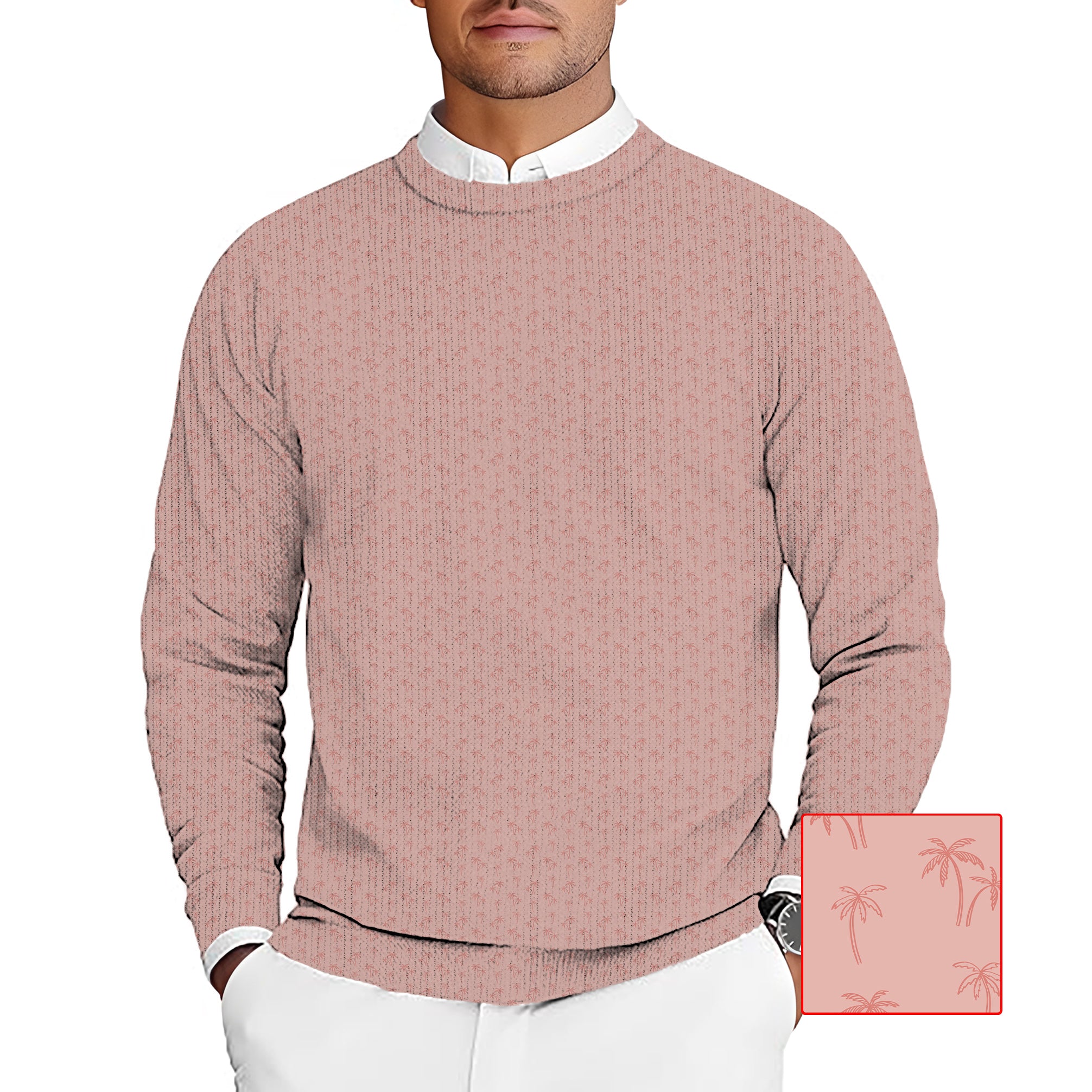 Men's pink crewneck golf pullover sweater with subtle pink coconut tree pattern
