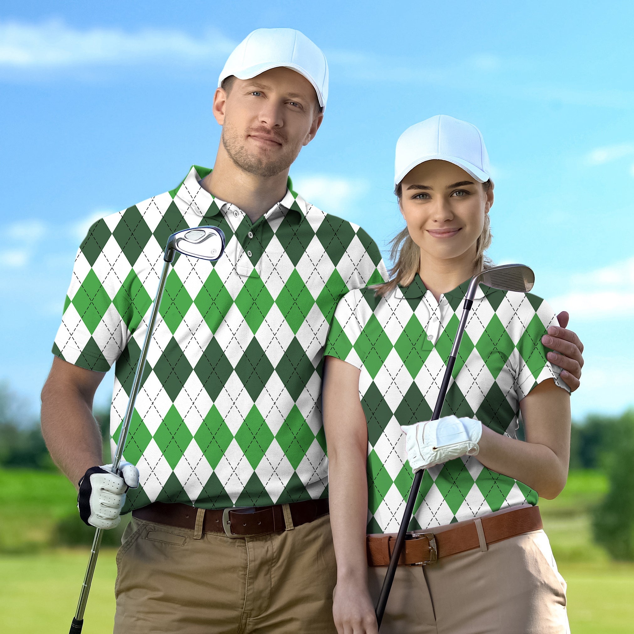 Couple wearing St. Patricks day themed green and white argyle plaid golf shirts on golf course