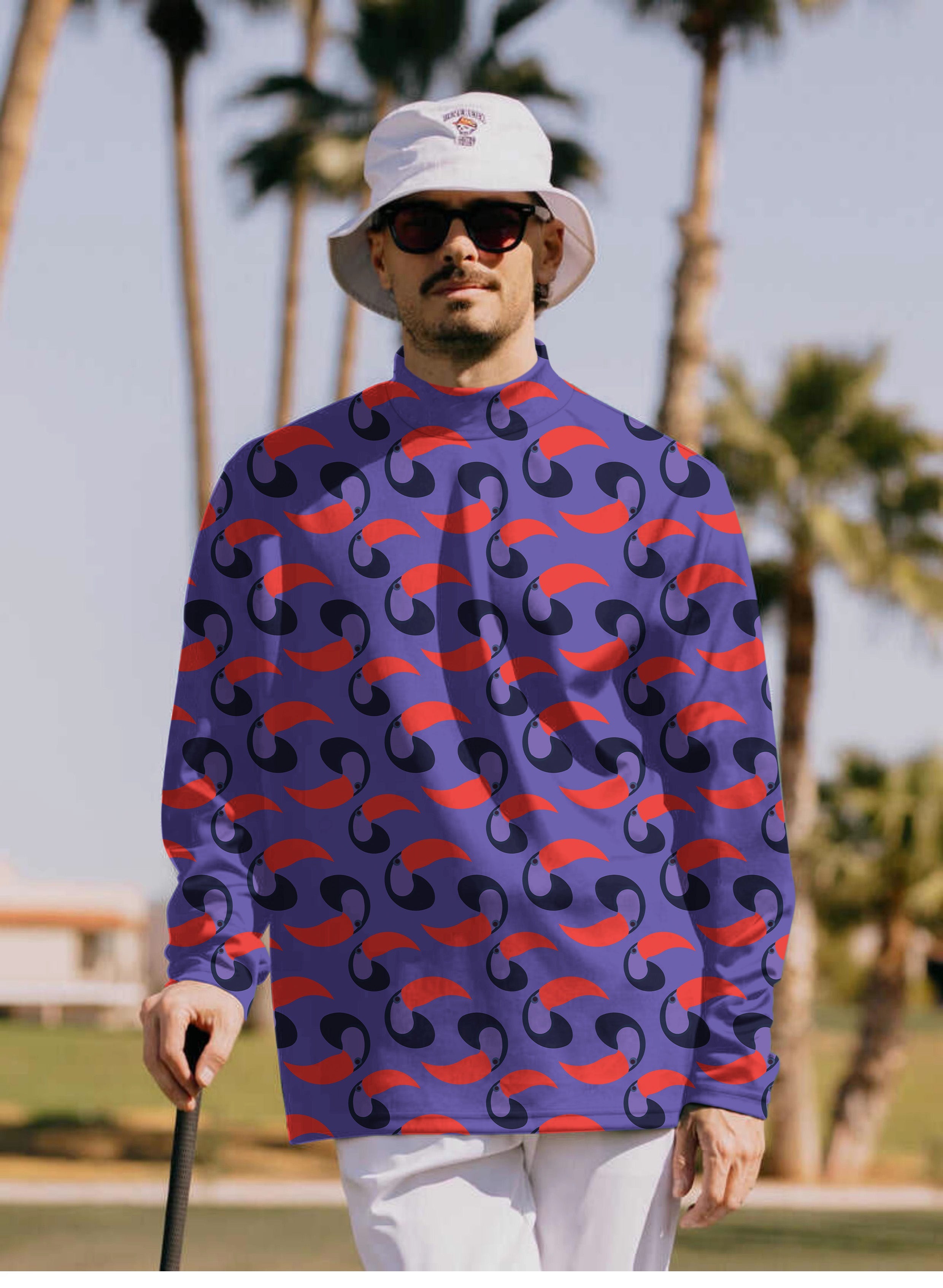 Men's purple toucan pullover high neck shirt with abstract pattern outdoors