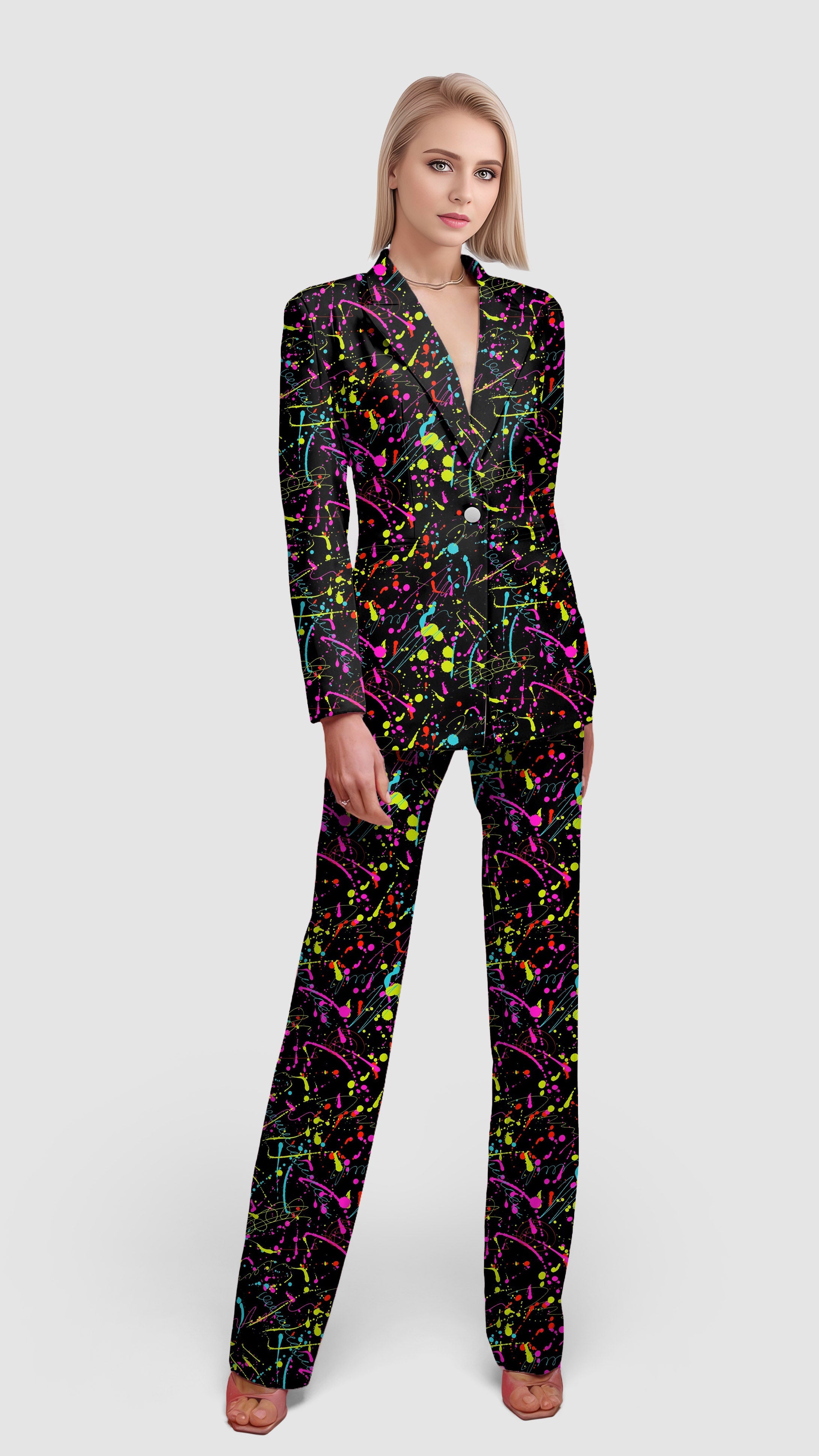 Colorful women's blazer casual suit set with lapel collar and single button closure