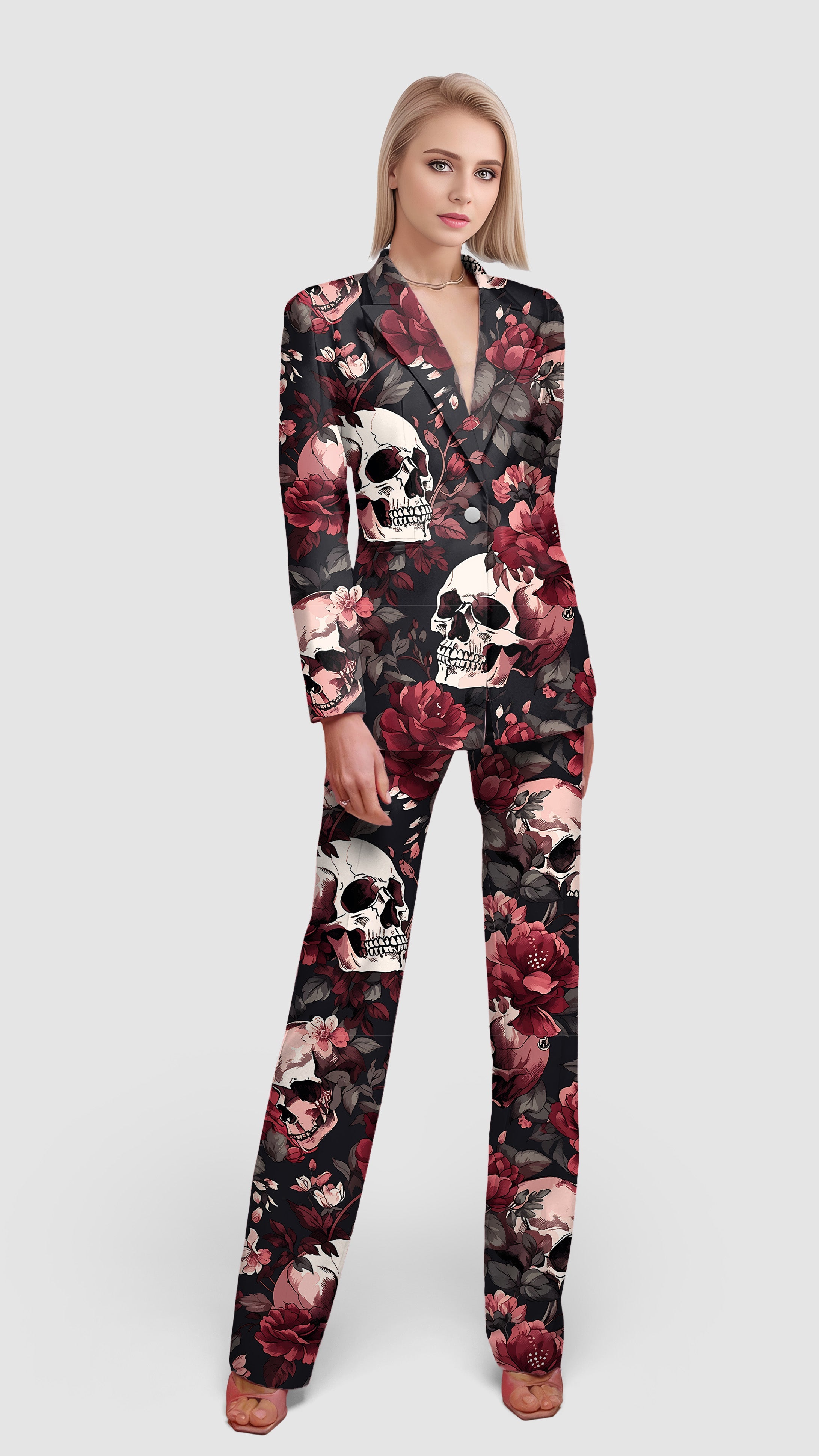 Women's Halloween floral skull blazer and matching pants suit set for casual and office wear