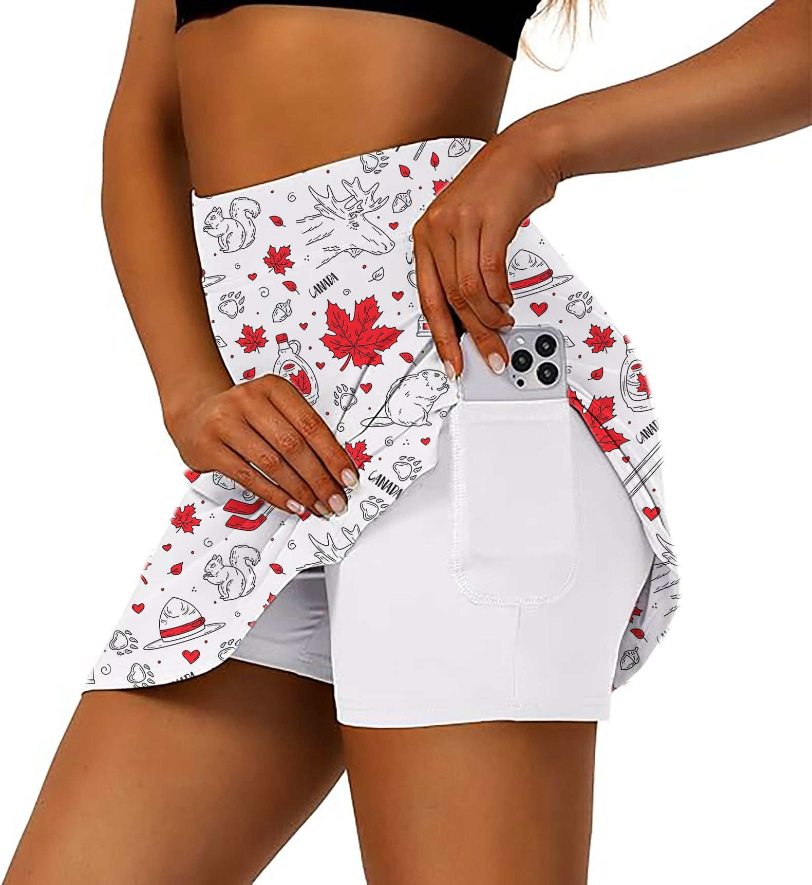 Women's Canadian Balloon squirrel and maple leaves golf skirt with inner shorts and side pocket