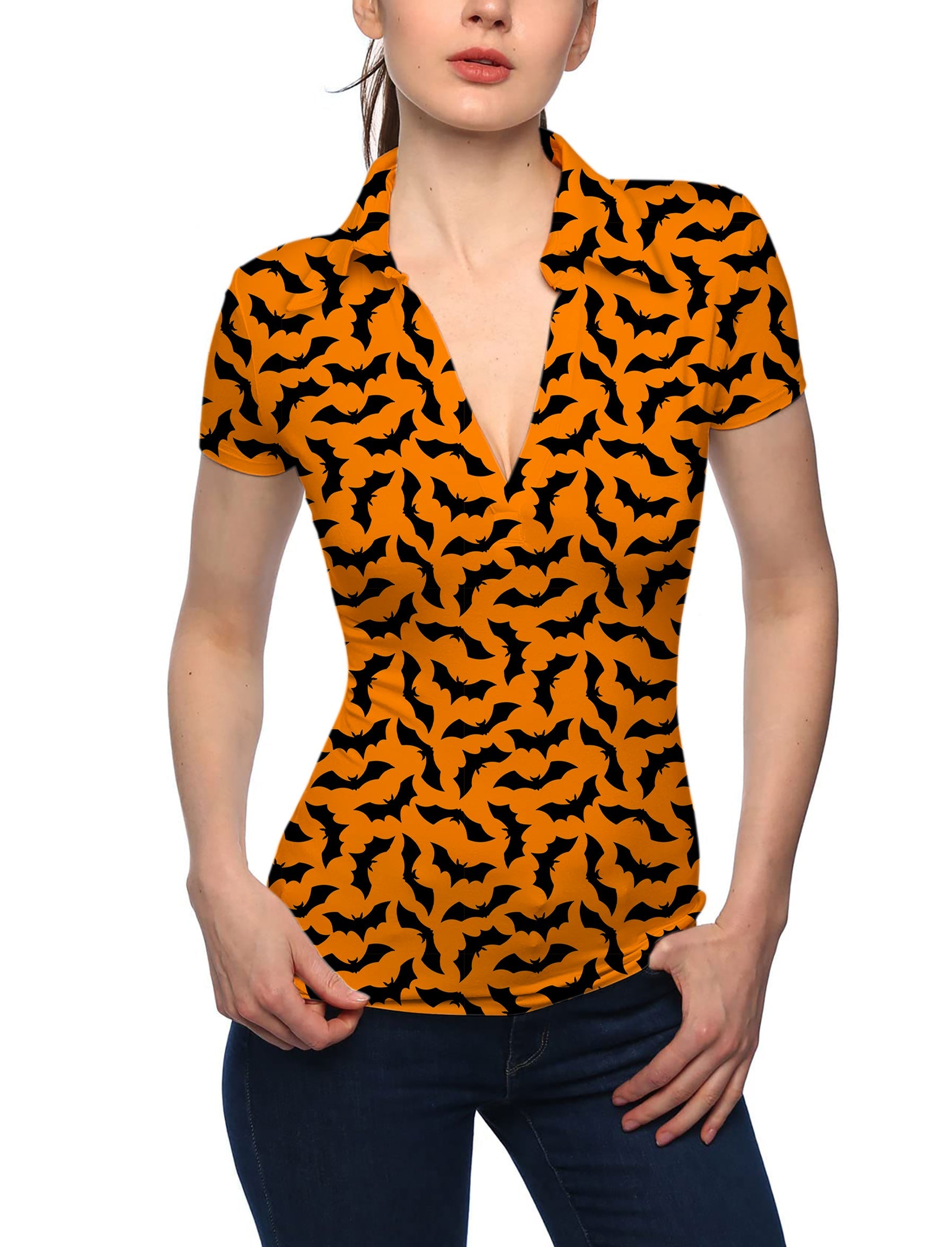 Women's Halloween Bat Custom V-neck golf polo shirt with orange and black bat pattern