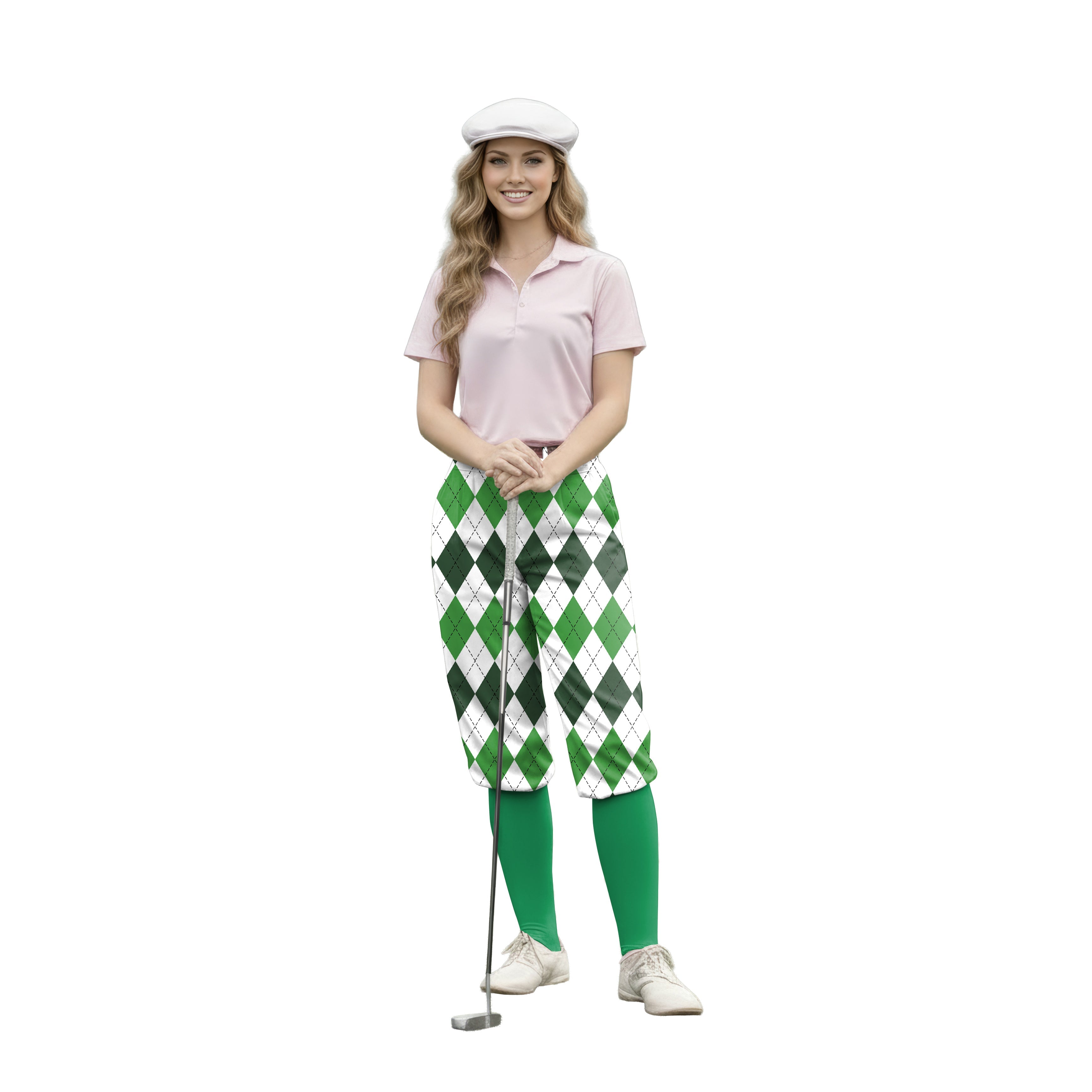 Woman wearing St. Patricks day argyle plaid golf knickers with green socks and white cap
