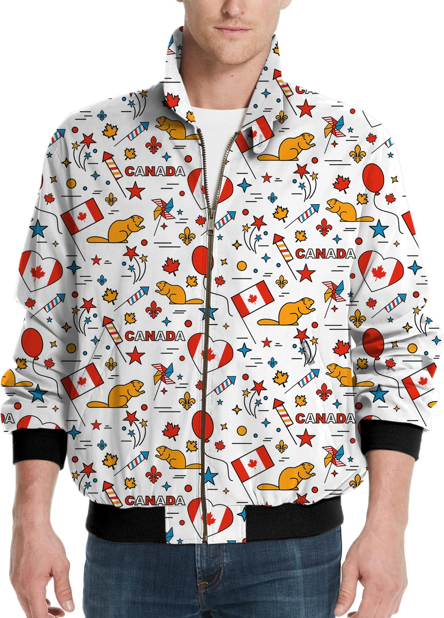 Canadian Balloon Squirrel men's golf windbreaker jacket with Canadian flags and squirrel pattern