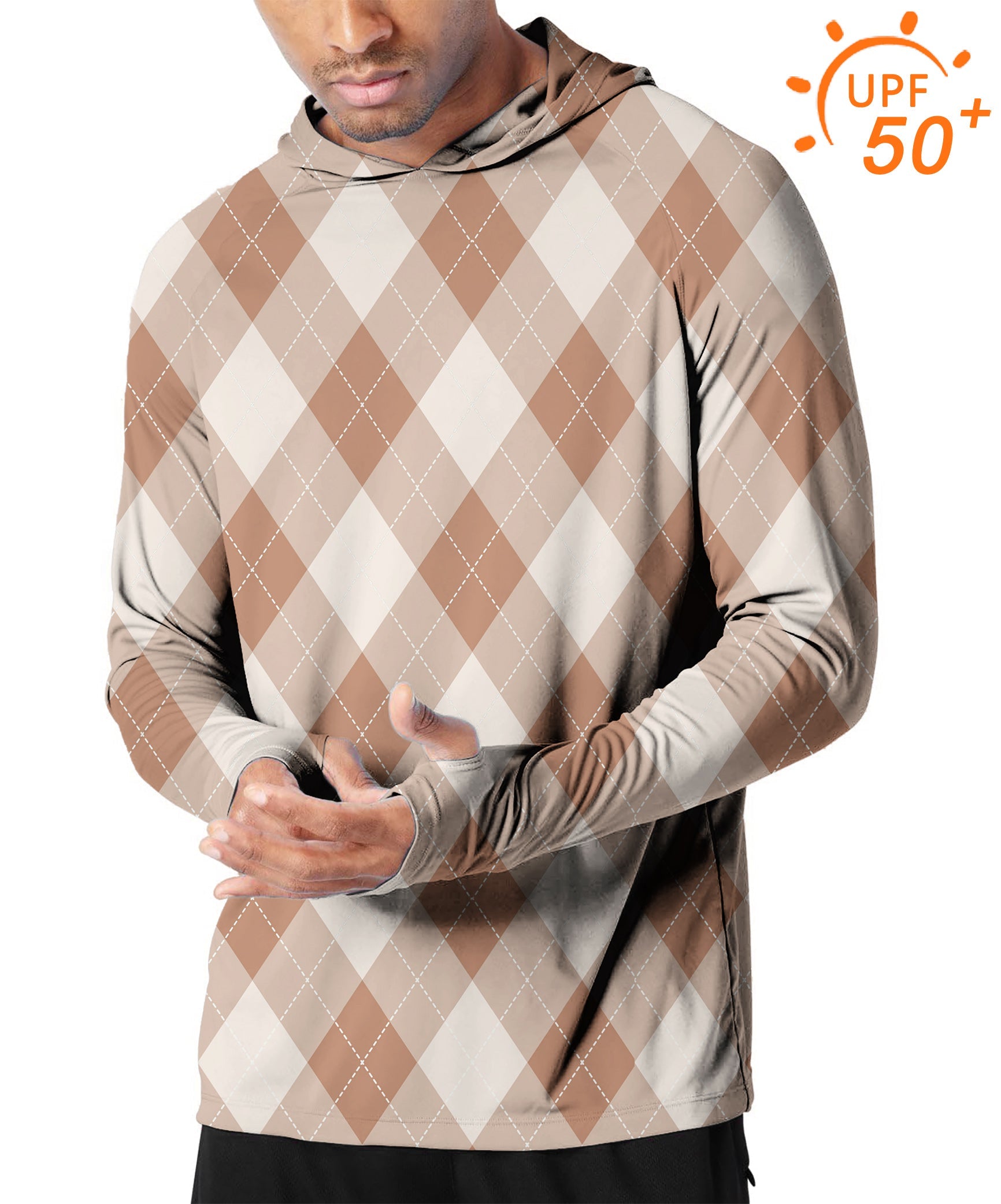 Men's outdoor brown argyle slim fit hooded golf hoodie with UPF 50+ sun protection