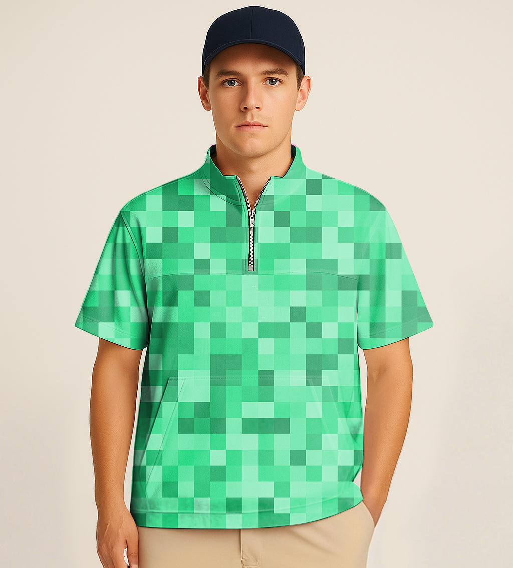 Green pixel pattern half zipper turtleneck golf shirt with big embroidery worn by male model