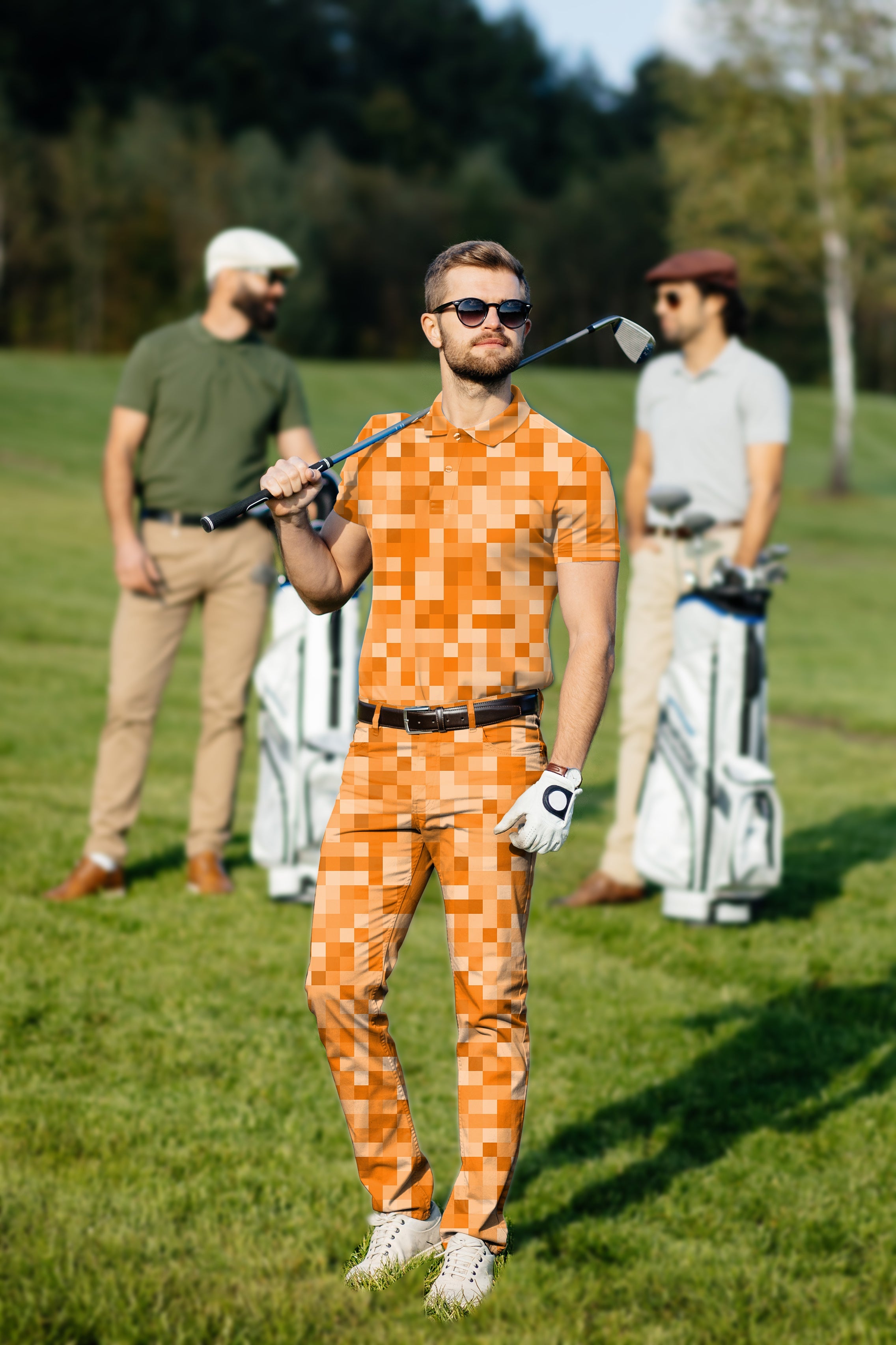 Men's golf set orange pixel polo and pants with four-way stretch and moisture-wicking fabric
