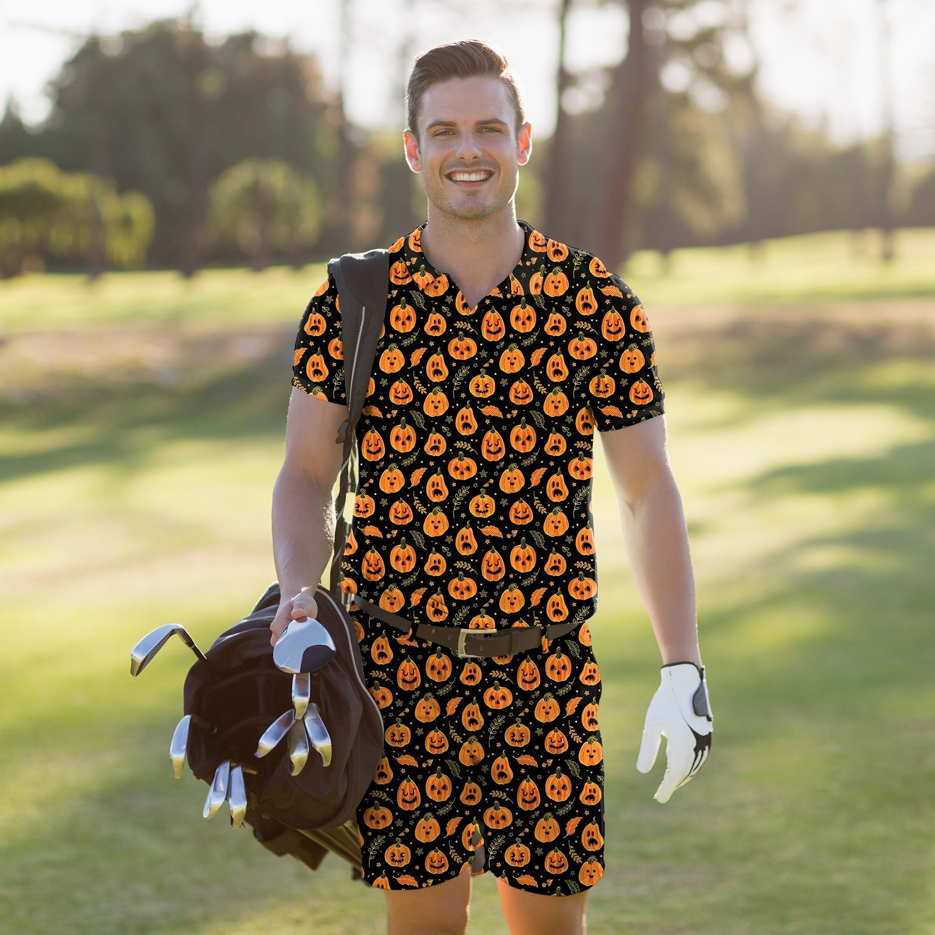 Men's Golf Set Halloween polo and shorts with pumpkin and bones pattern on golf course