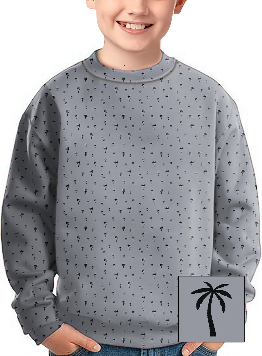 Gray kids crewneck pullover with small coconut palm custom print pattern