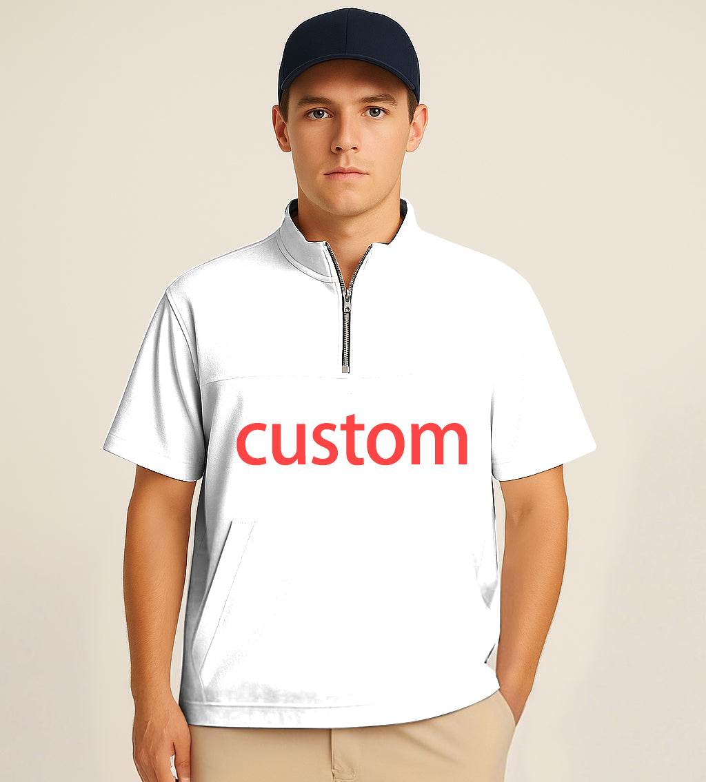 man wearing white half zipper turtleneck golf shirt with custom logo embroidery and navy cap