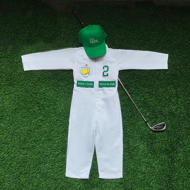 Custom golf white-green children's jumpsuit with patches and matching green hat on grass background
