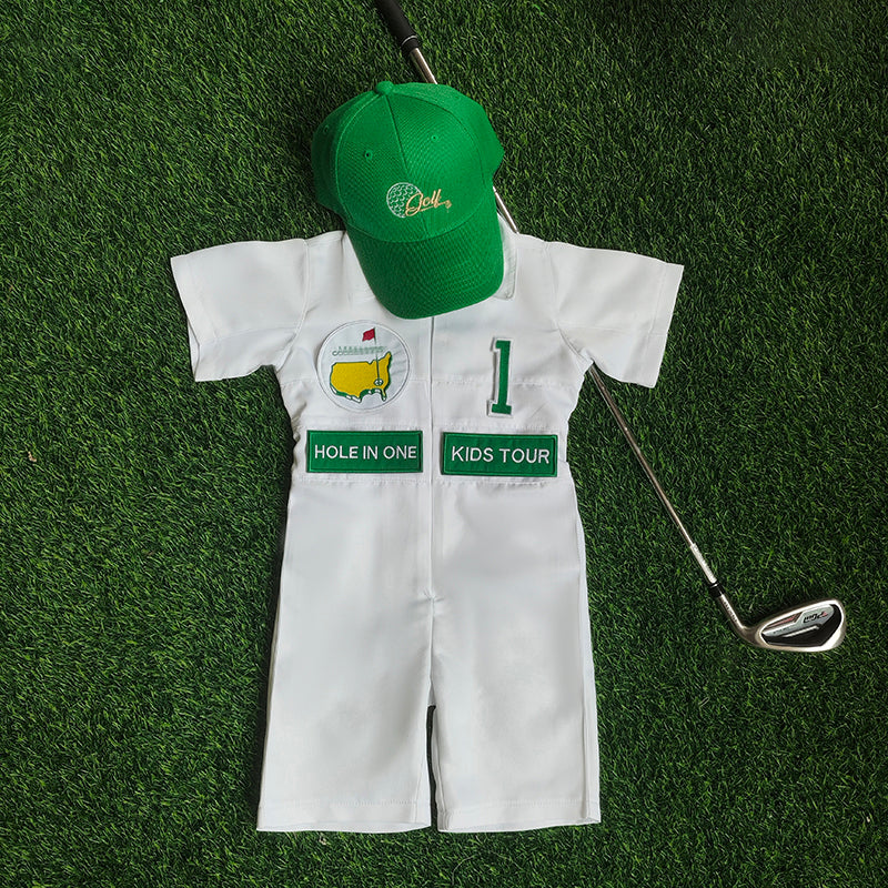 Custom golf white-green kids jumpsuit with hat for toddler golf birthday suit