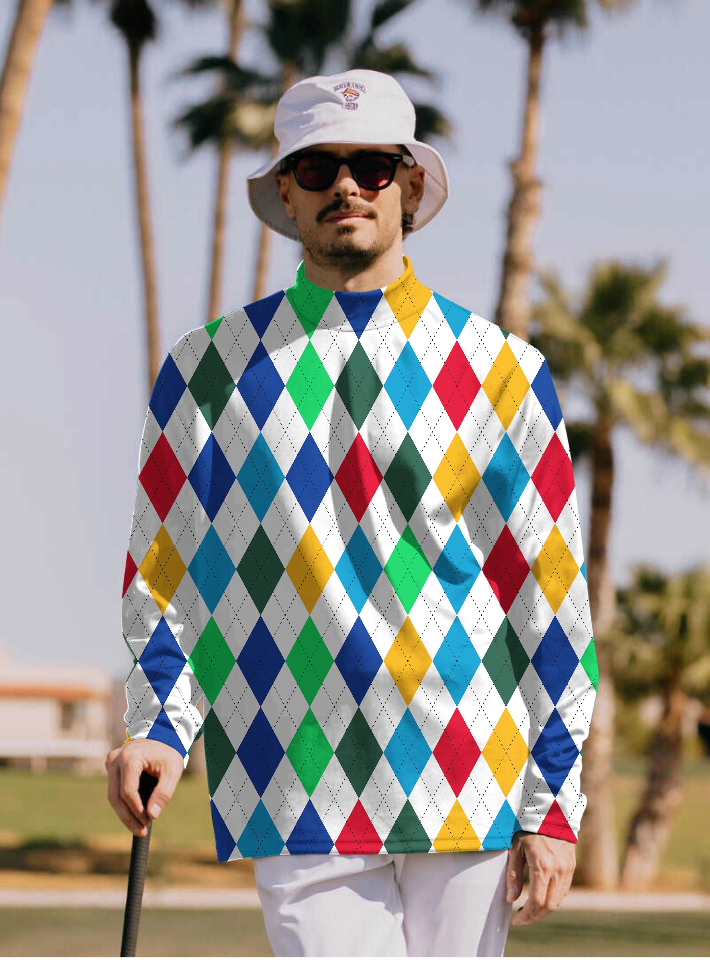 Men's Argyle Colorful Pullover High neck Long/Short sleeve T-Shirt