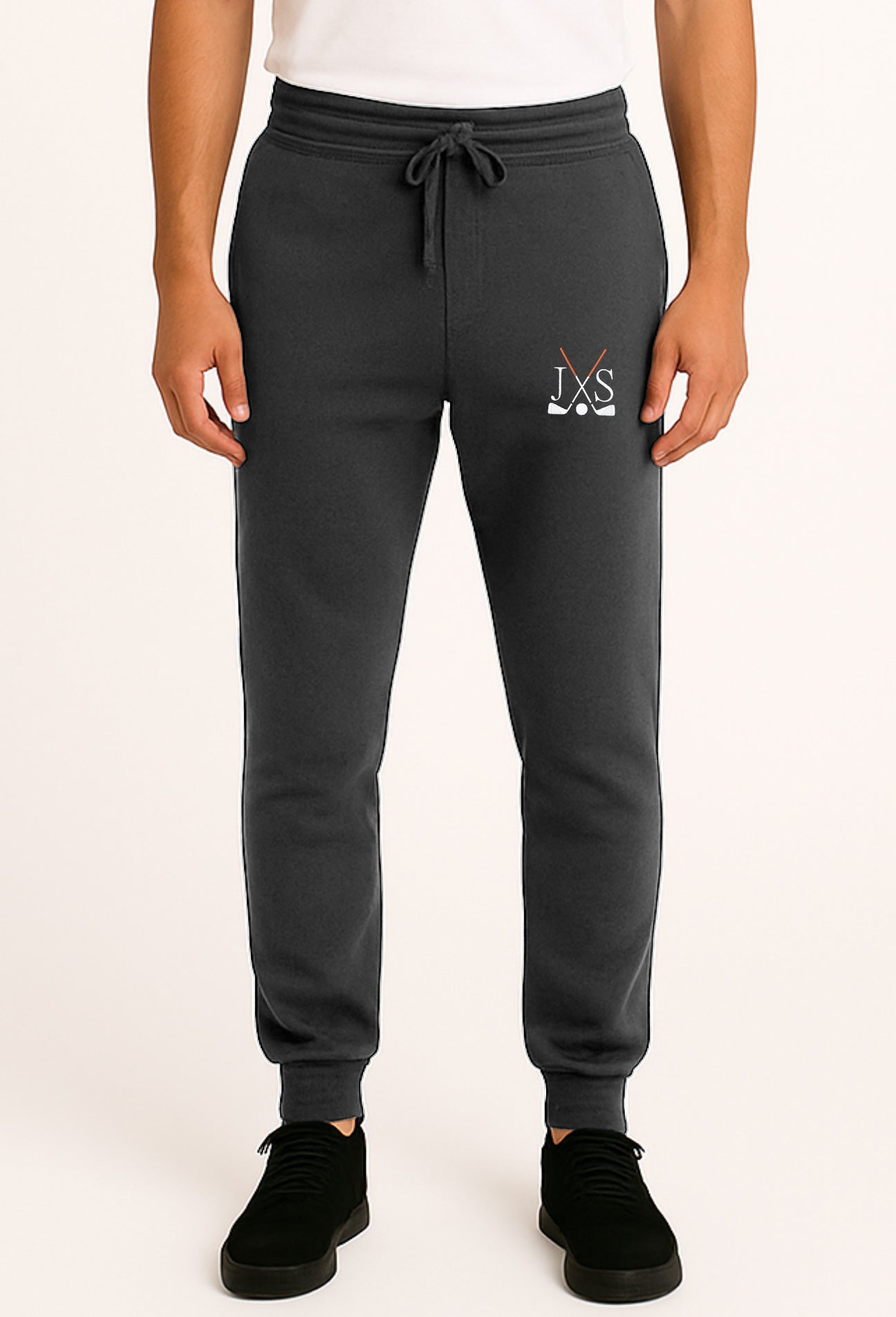 Black plus size sports sweatpants with embroidery of golf clubs and initials, solid color design